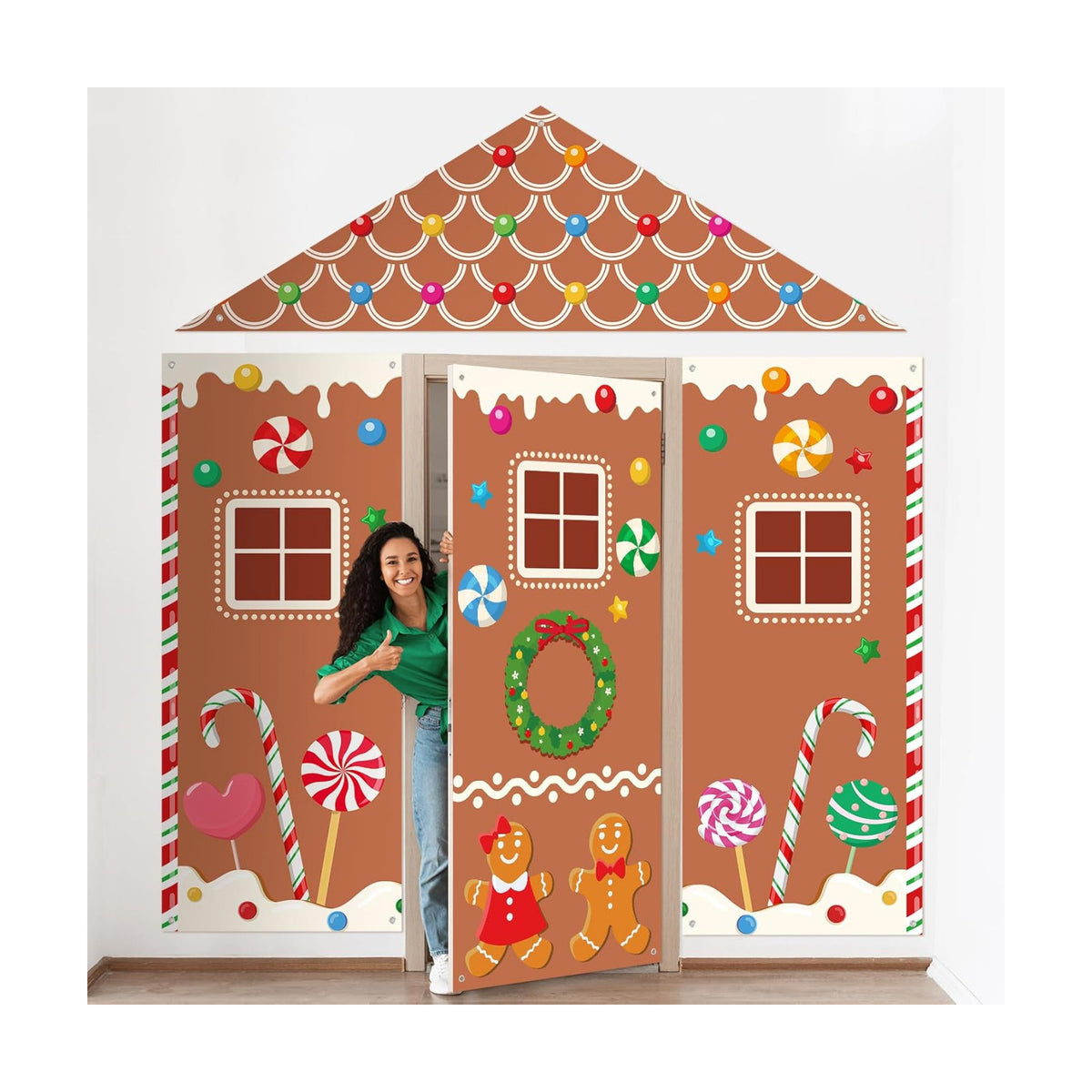 Vitalcozy 4 Pcs Christmas Gingerbread Candy Door Backdrop Decoration, Brown
