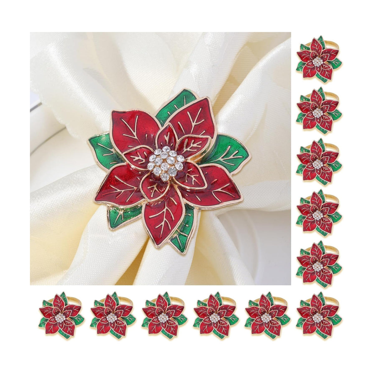 Christmas Napkin Rings Set of 12,Poinsettia Flower Napkin Rings Christmas Holders Metal Napkin Buckle for Wedding Party Birthday Table Decoration Dinning