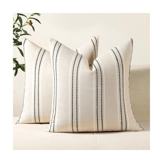 Hand Made Decorative Pillow Covers Striped Throw Pillows Textured Linen / Black / 18 x 18 / Set of 2