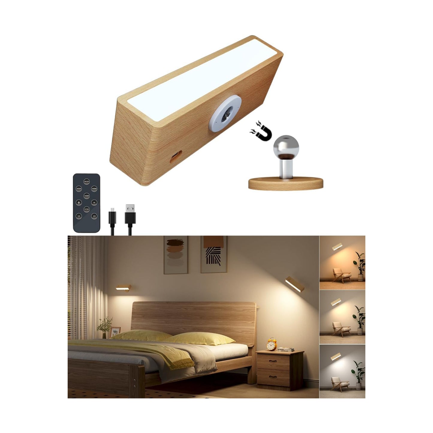DetarZinLED Wooden Wall Sconce Battery Operated with Remote,Rechargeable Wall Lights for Bedroom with 3 Color