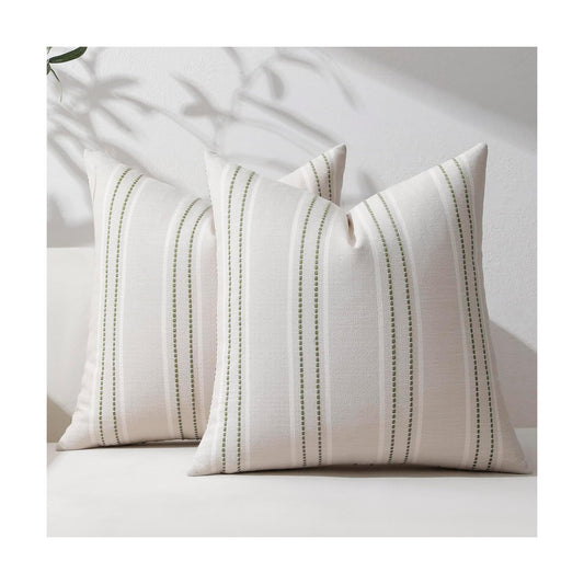 Spring Decorative Pillow Covers Striped Throw Pillows Textured Linen / Green / 18 x 18 / Set of 2