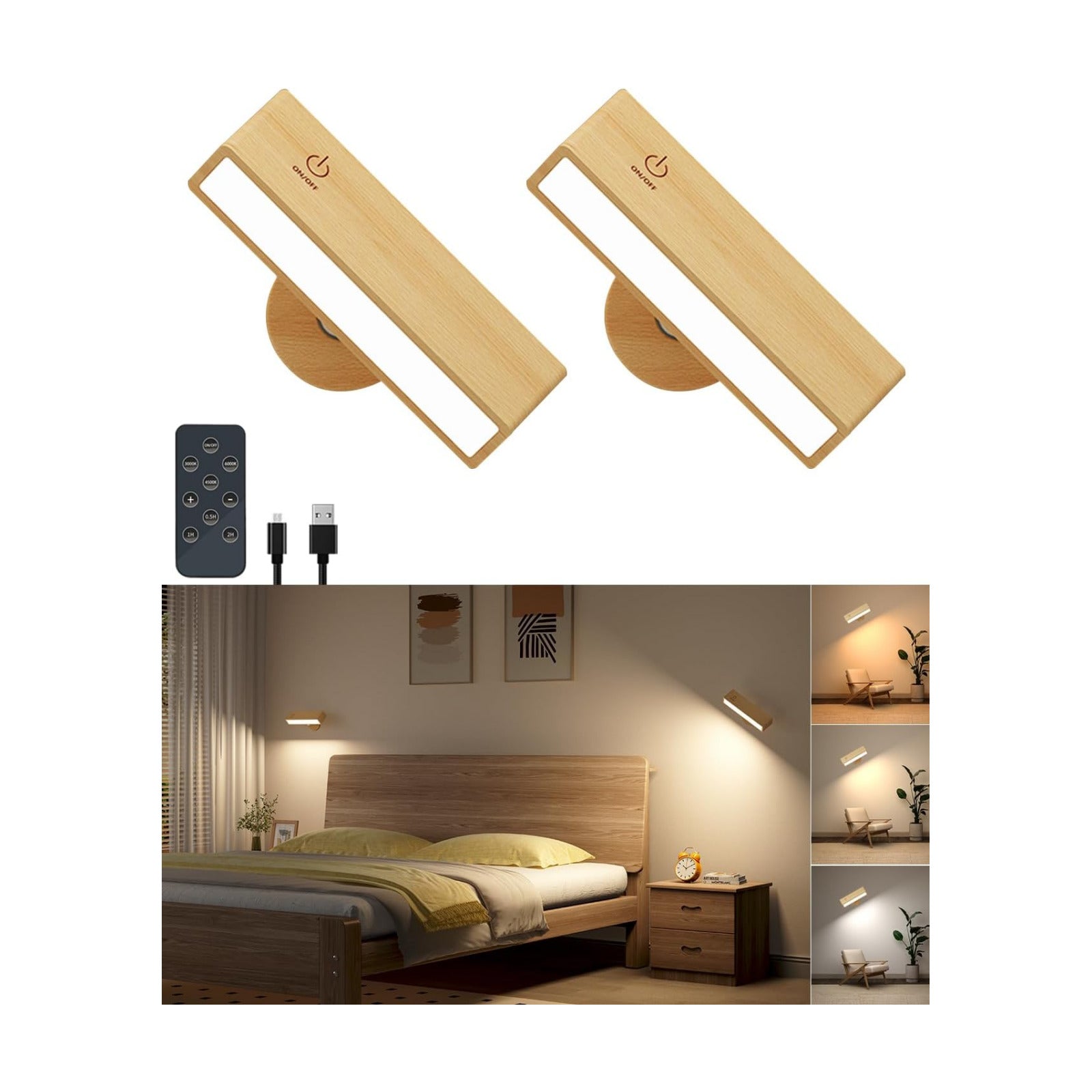 DetarZinLED Wooden Wall Sconce Battery Operated with Remote,Rechargeable Wall Lights for Bedroom with 3 Color