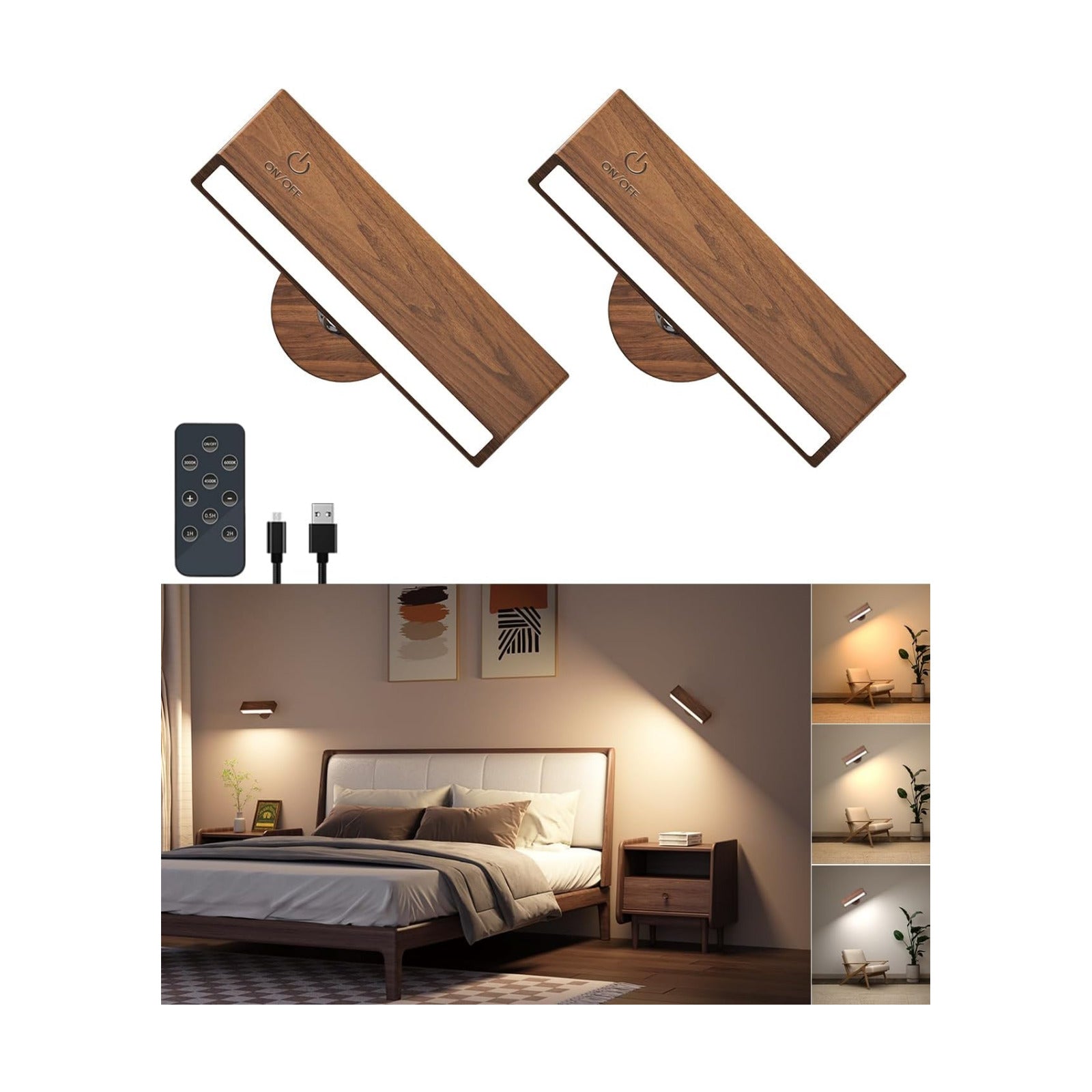 DetarZinLED Wooden Wall Sconce Battery Operated with Remote,Rechargeable Wall Lights for Bedroom with 3 Color