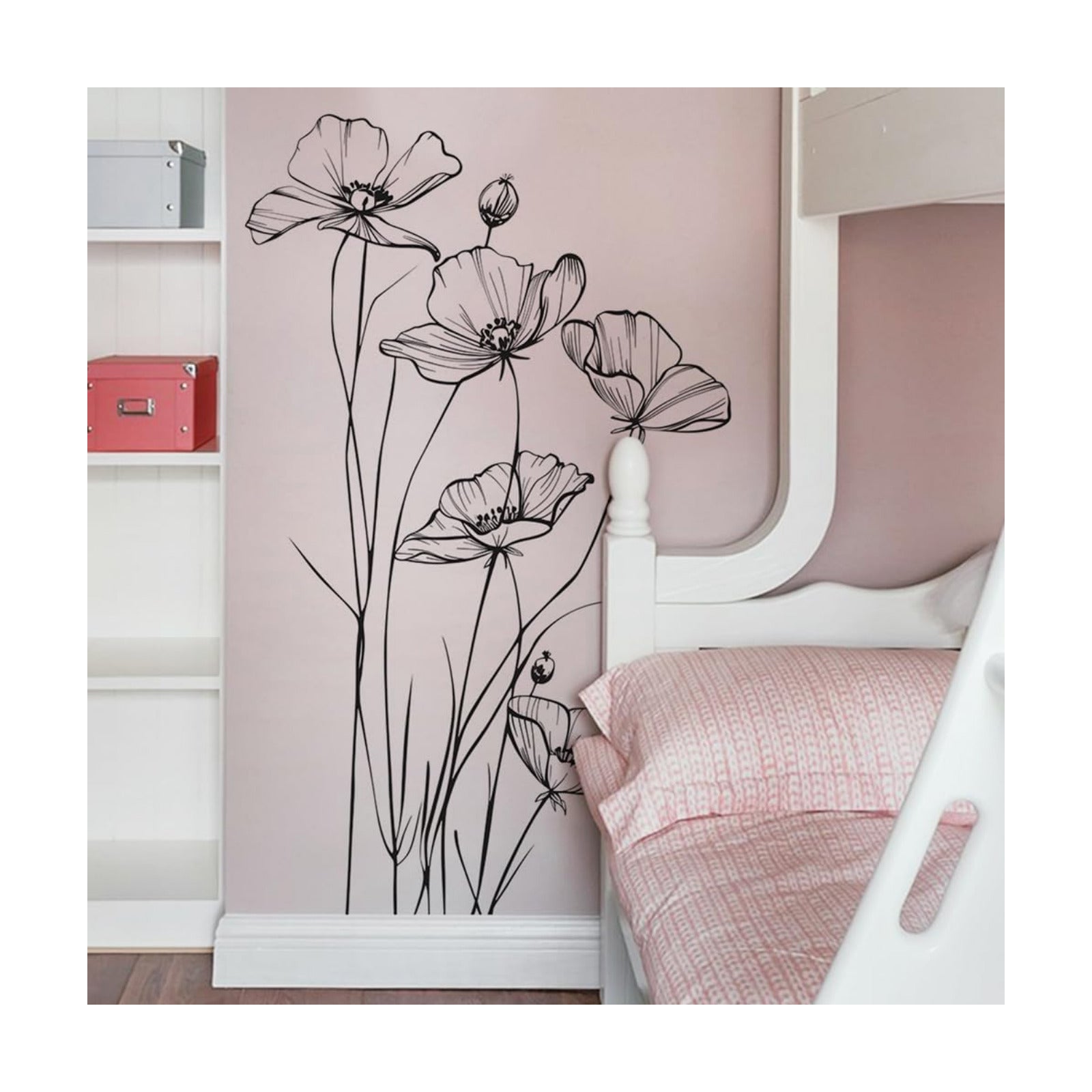 White Poppy Flower Wall Decal Minimalist Sketch Botanical Wall Art PVC Peel Stick Wall / B / Black