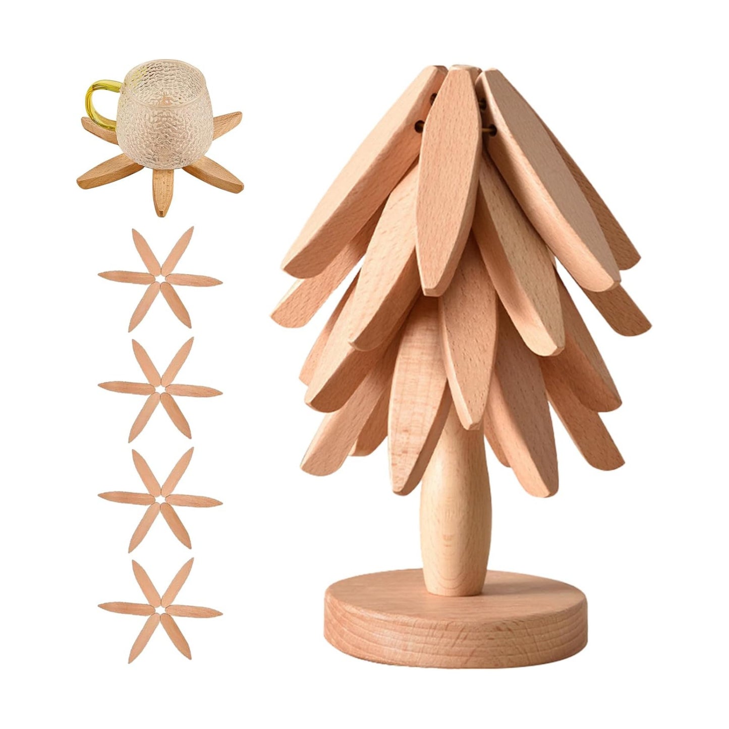 Wooden Trivets for Hot Dishes, Tree Shape Trivet Set, 4 Walnut Wood + 1 Stand stored Like a Christmas Tree,Foldable