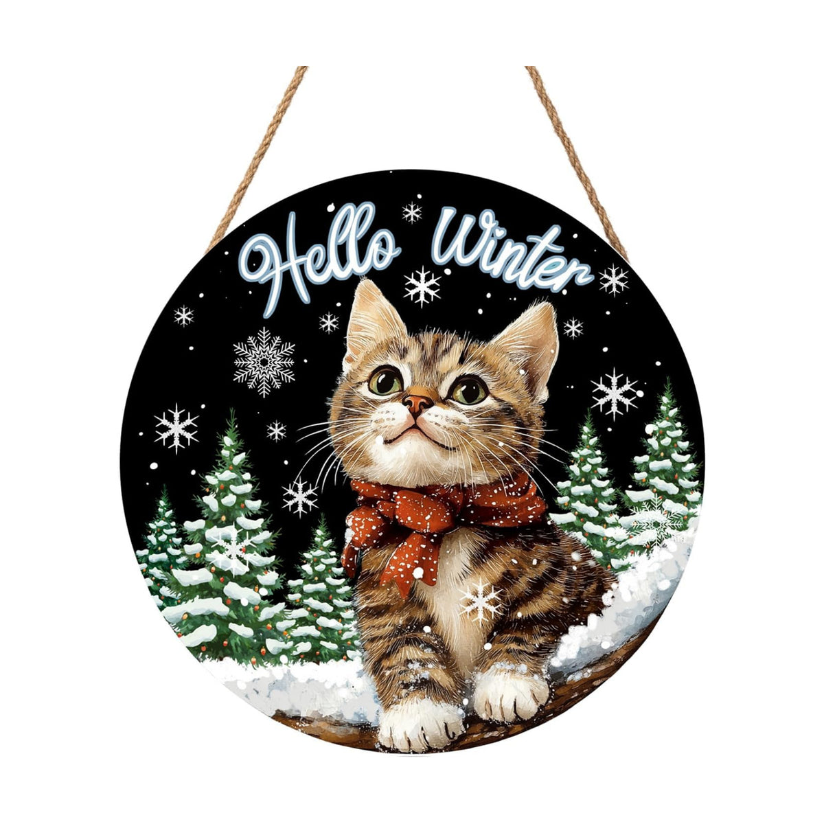 Hello Winter Cat Front Door Sign Winter Kitty Kitten Pine Tree Round Wood Sign 12x12in Winter Decorations Cat door hanger Christmas Winter Wreath Wall Hanging Welcome Sign for Outdoor Outside Porch