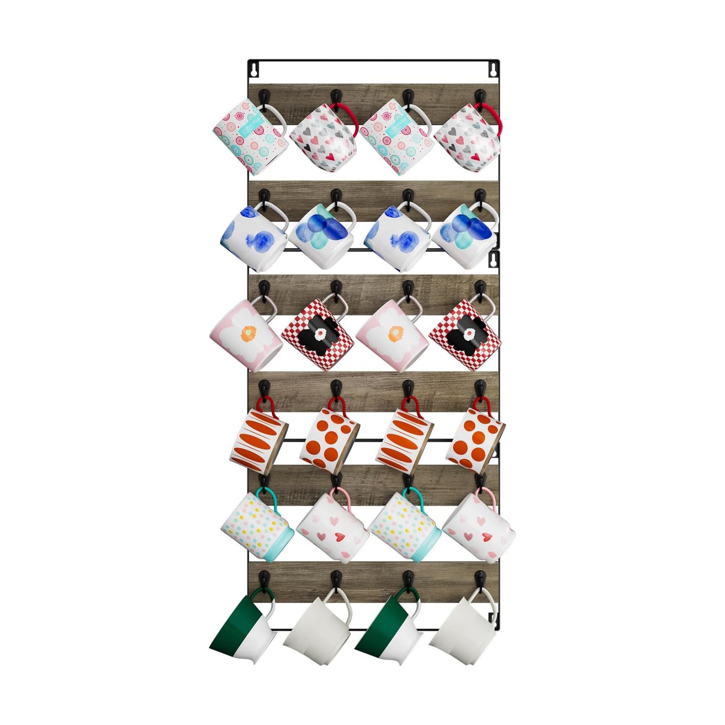 IBUYKE Coffee Mug Holder Wall Mounted,Set of 3,24 Hooks,Greige TBJ005Y-3 | Mug Racks for Wall Rustic Wood Coffee Mug
