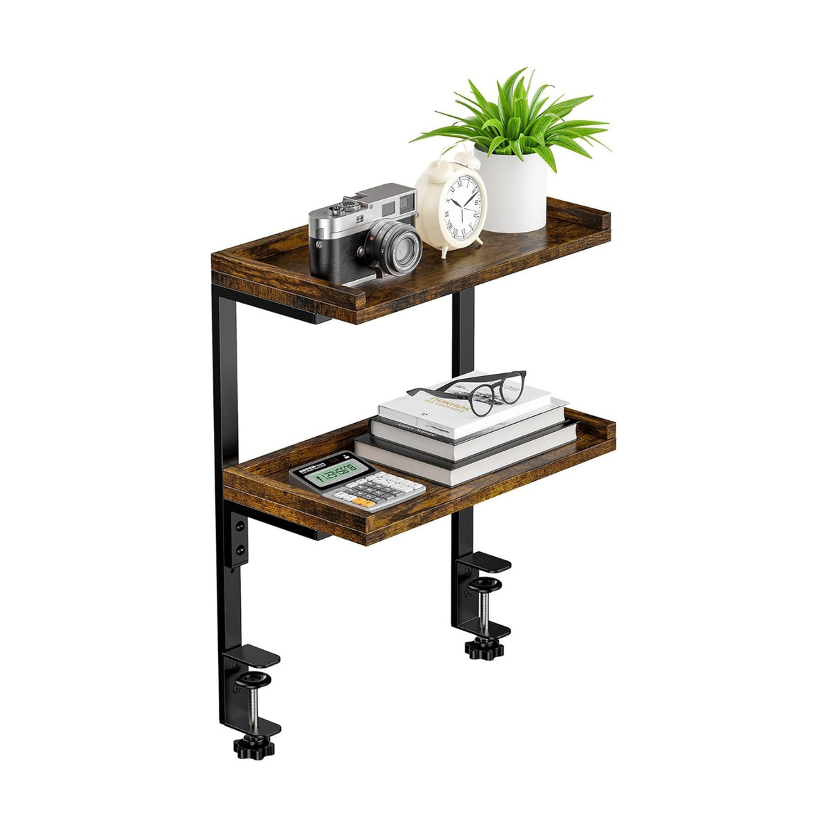 Clamp On Desk Shelf 2-Tier, 12.6 inche Wood Shelving Unit for Office Desk/Gaming Accessories, Tabletop Book Storage