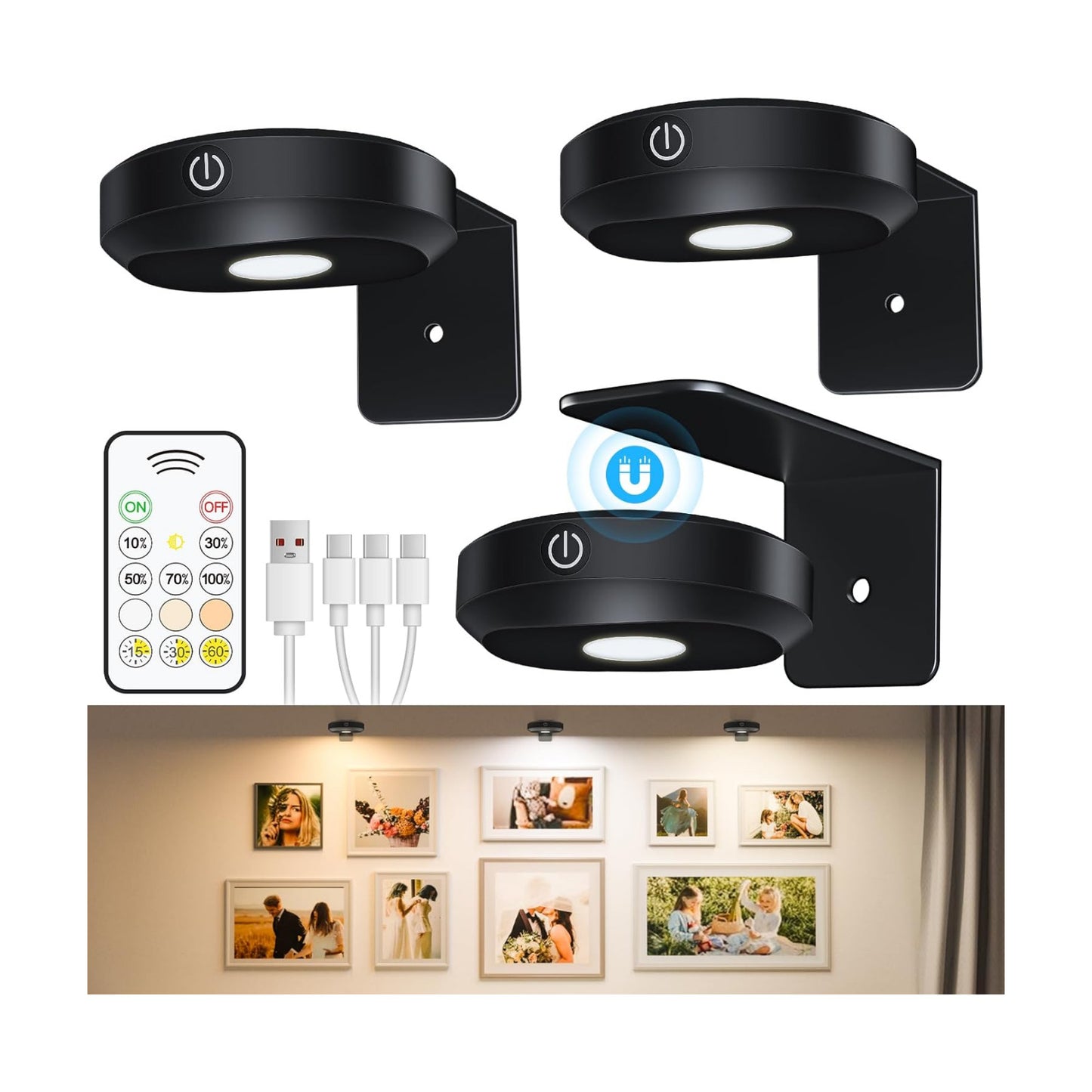 WILLED Rechargeable Picture Lights for Wall, Wireless Gallery Lighting | Battery Operated Puck Lights with Remote