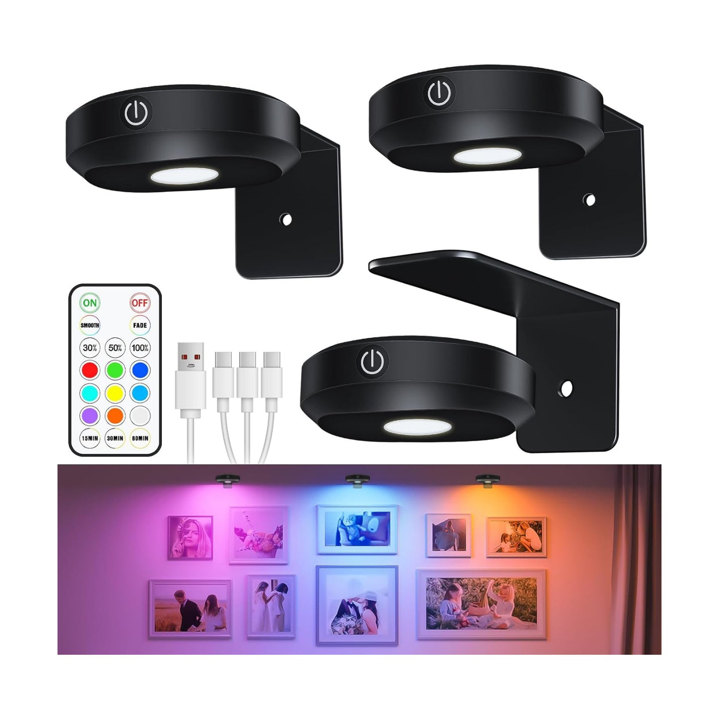 WILLED Rechargeable RGB Wall Lights for Pictures,Puck Lights with Remote | 9 RGB Colors,Dimmable with Timer,Wireless