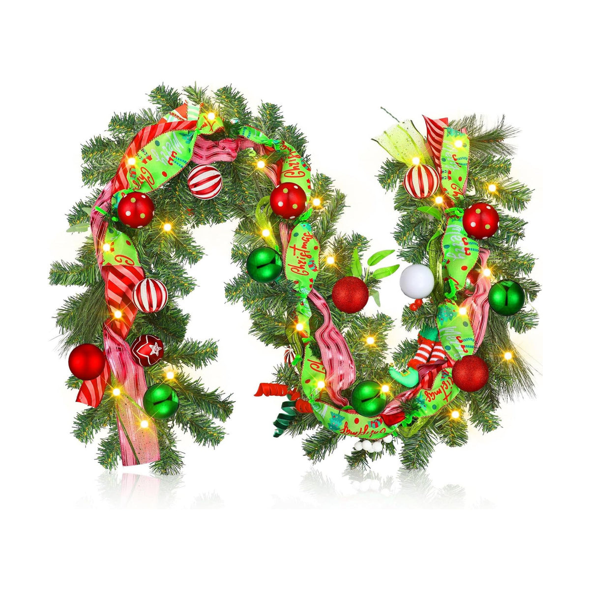 Thiccywoov 6 ft LED Prelit Christmas Pine Garland with Balls for Mantel