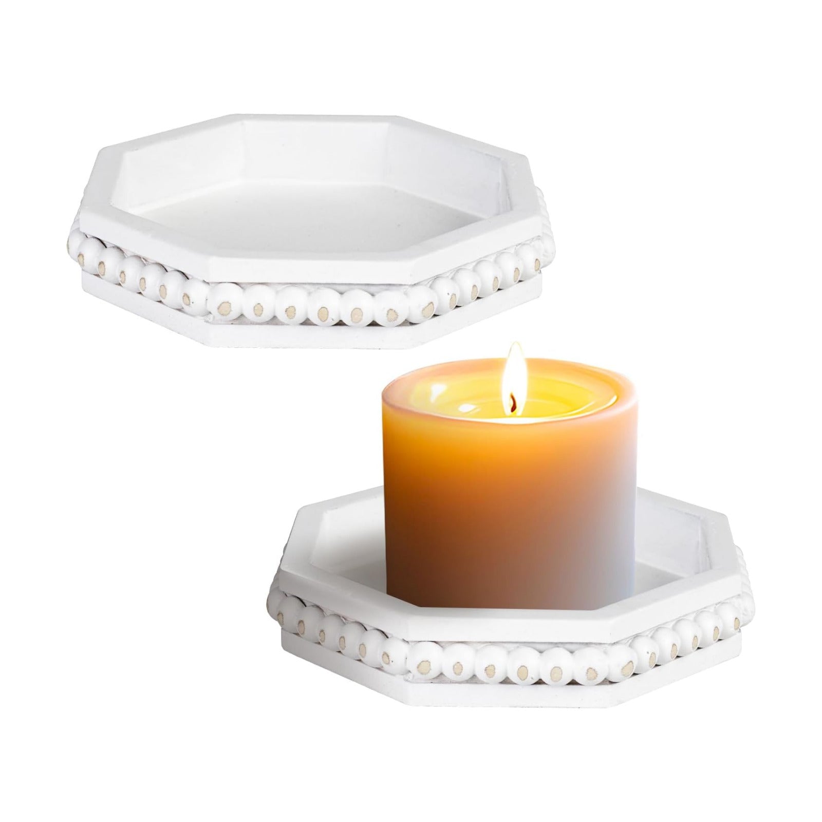 Rustic Round Wood Tray Beaded Risers / Rusticwhite-1 / Set of 2