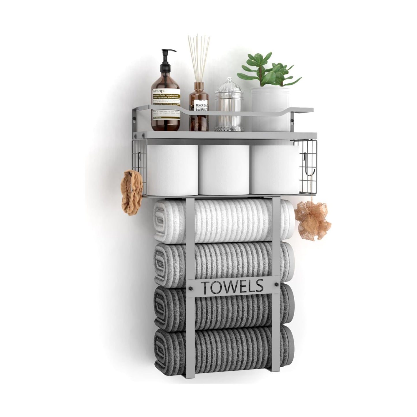 Towel Racks for Bathroom Wall Mounted - Bath Wall Towel Holder Set Above Toilet Storage, Rolled Towel Shelf Organizer