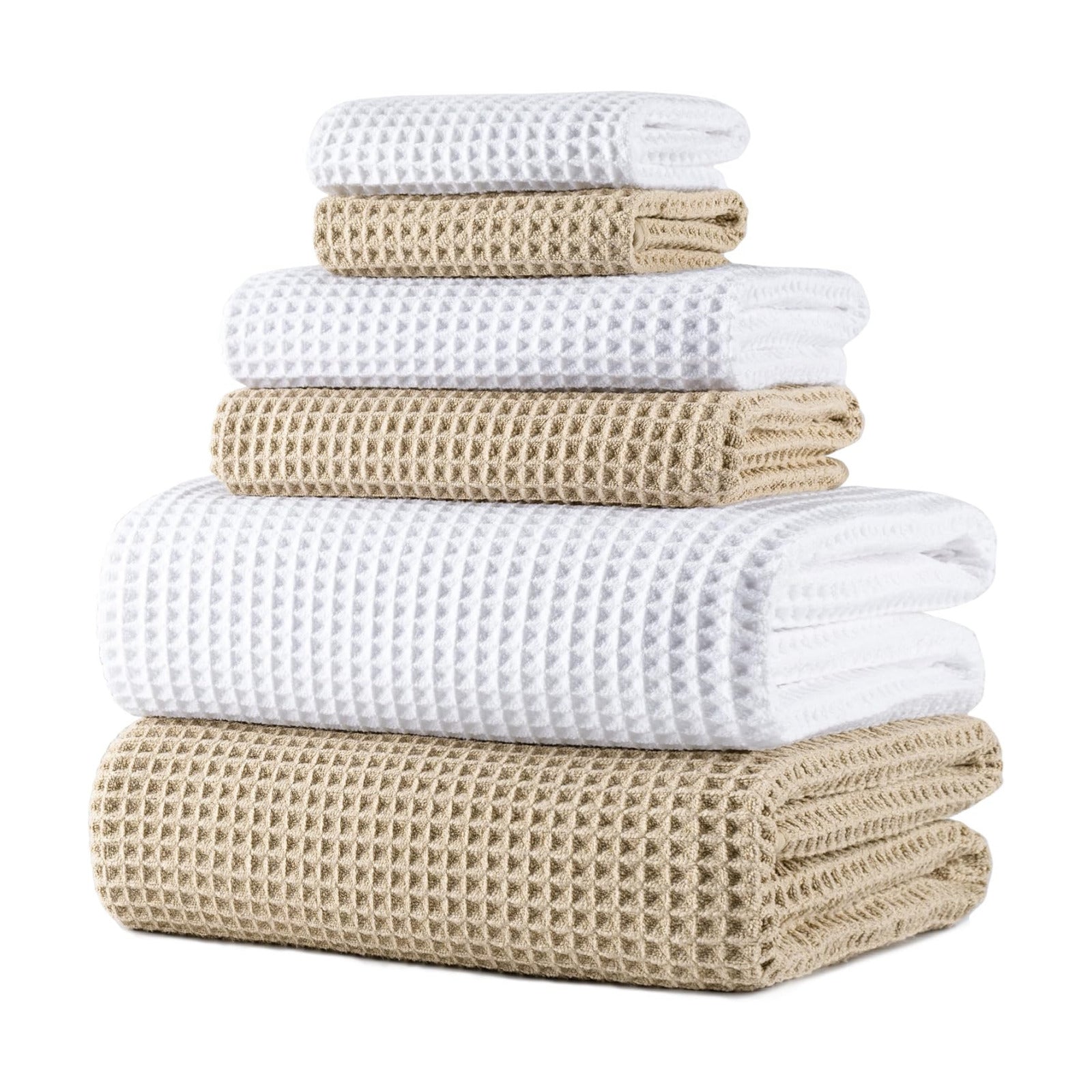 POLYTE 430 GSM Poly Blend Microfiber Quick Dry Waffle Bath Towel Set of 6 | 2-Body Towels, 2-Hand Towels, 2-Wash