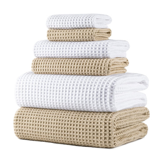 POLYTE 430 GSM Poly Blend Microfiber Quick Dry Waffle Bath Towel Set of 6 | 2-Body Towels, 2-Hand Towels, 2-Wash