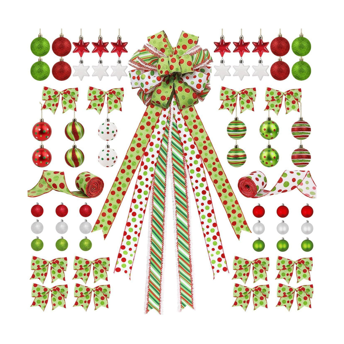 Bunny Chorus Christmas Decorations Indoor: 65pcs Christmas Tree Ornaments Set, Large Red Green White Tree Topper, Cute Hanging Green Bow Ribbons Xmas Ball, Home School Office Wedding Party Décor