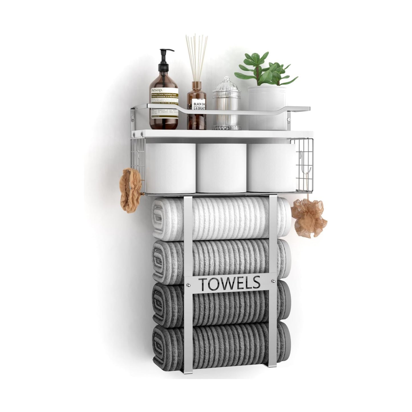 Towel Racks for Bathroom Wall Mounted - Bath Wall Towel Holder Set Above Toilet Storage, Rolled Towel Shelf Organizer