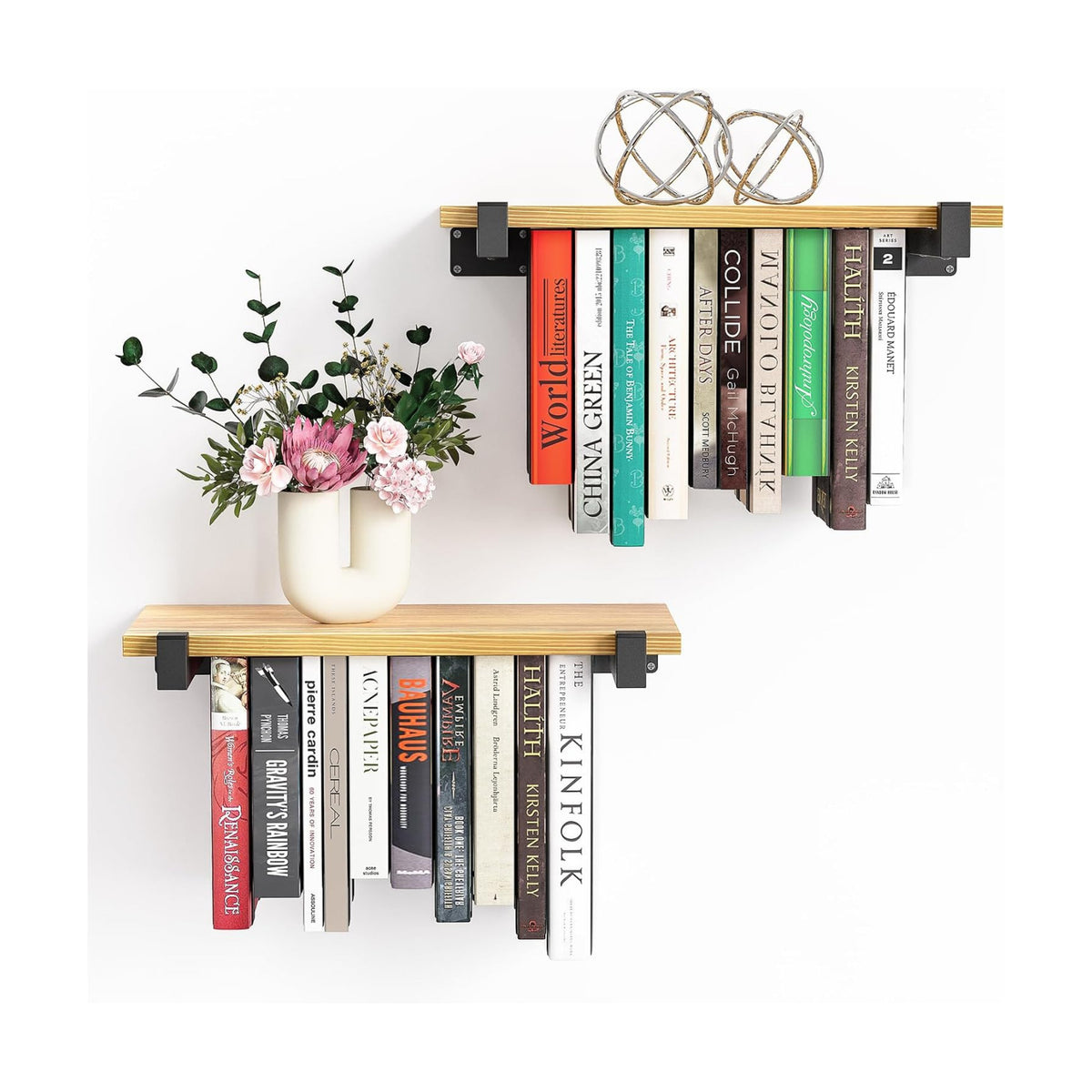 NANATI 2 Set of Floating Bookshelf, Pine Wood Invisible Bookshelf, Hanging Bookshelves for Wall, Unique Space Saving