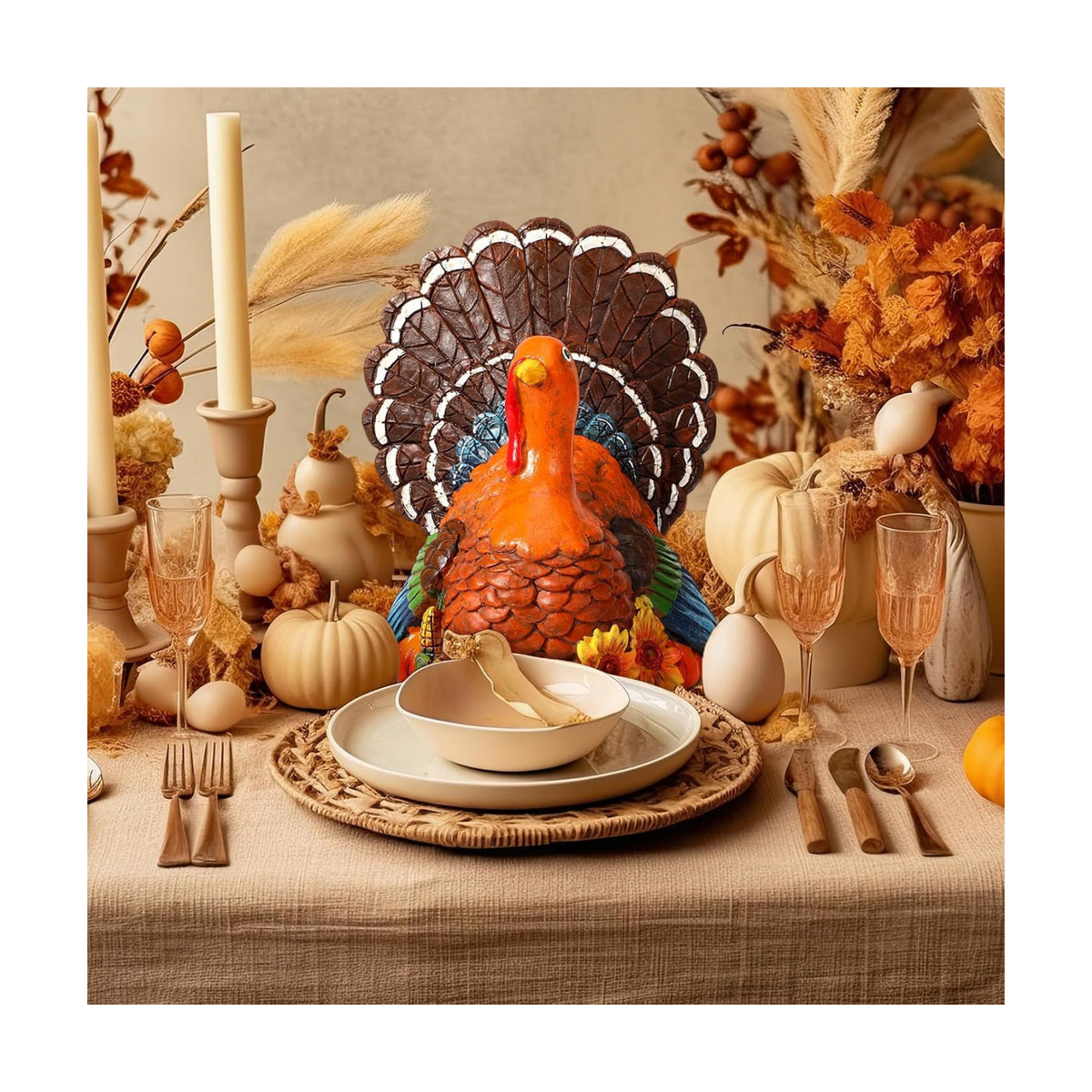 Blosssound Thanksgiving Turkey Decorations - Resin Figurines With Pumpkin, Sunflower, Maple Leaf, Corn - Table Decor for Home, Kitchen, Office - Fall Harvest Gift Party