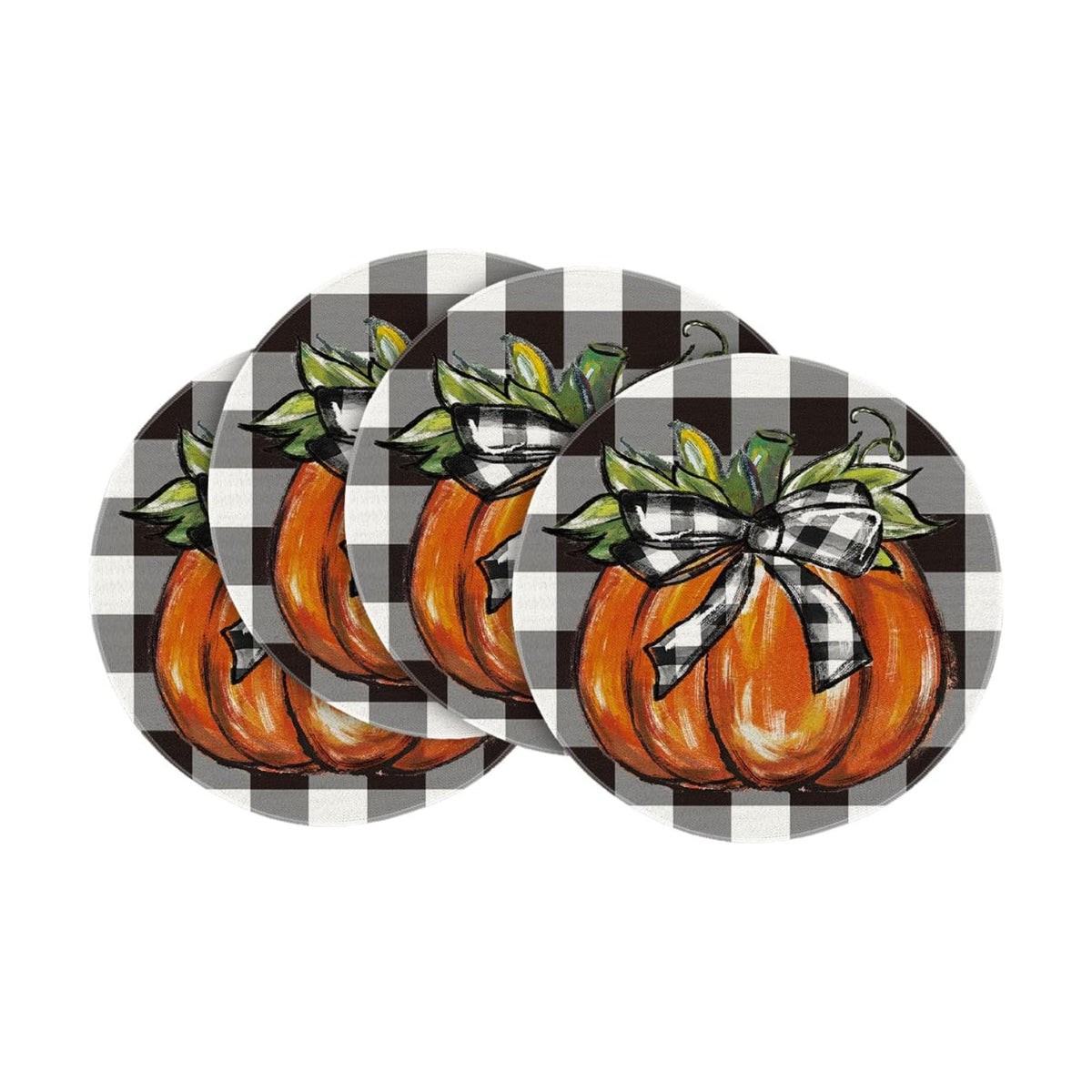 Artoid Mode Buffalo Plaid Pumpkin Fall Round Placemats Set of 4, 14 Inch Round Table Mats for Dining Decoration