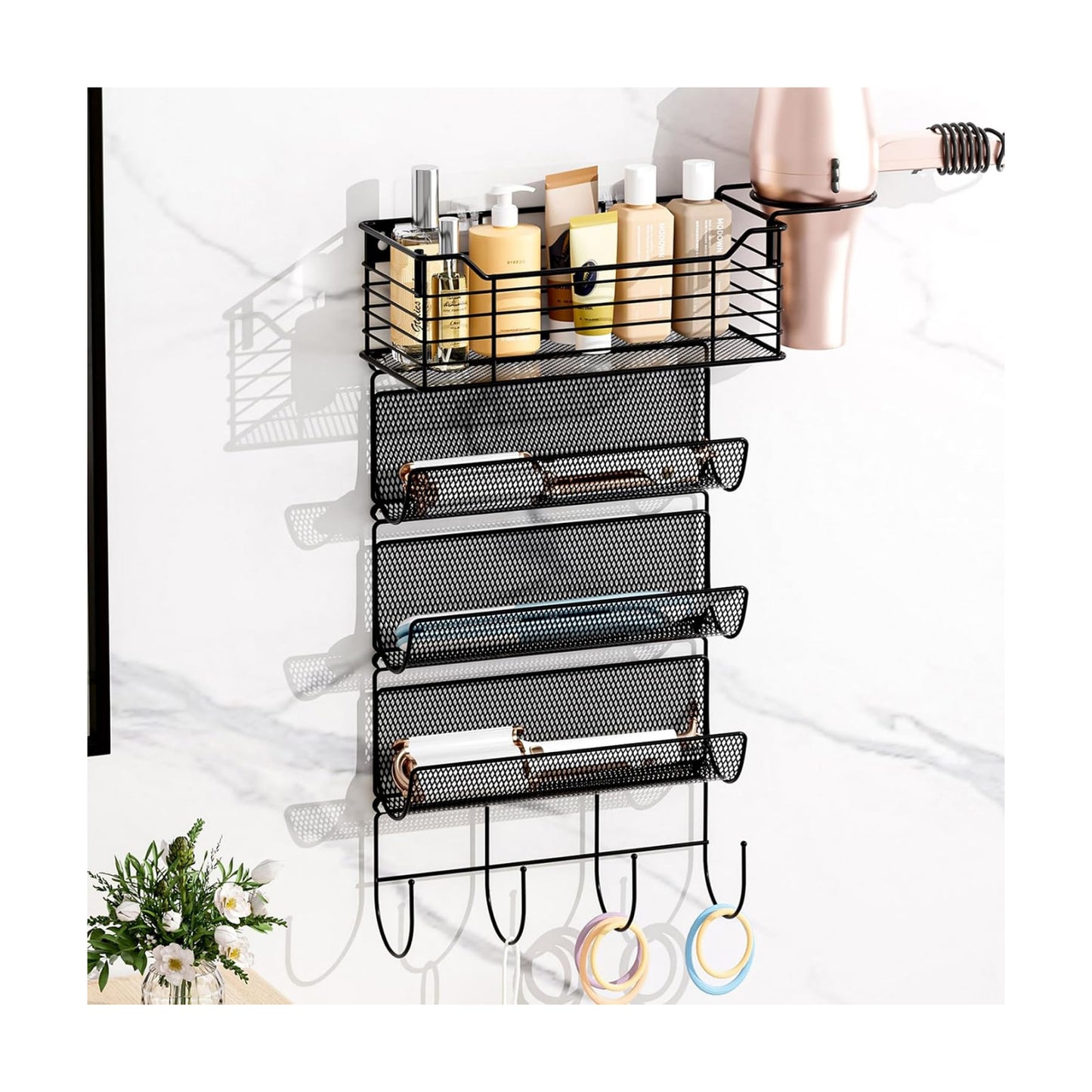 4 Tier Hair Tool Organizer Wall Mount, curling iron holder Basket, Black | Metal Mesh, Hair Dryer Holder, Bathroom Hair