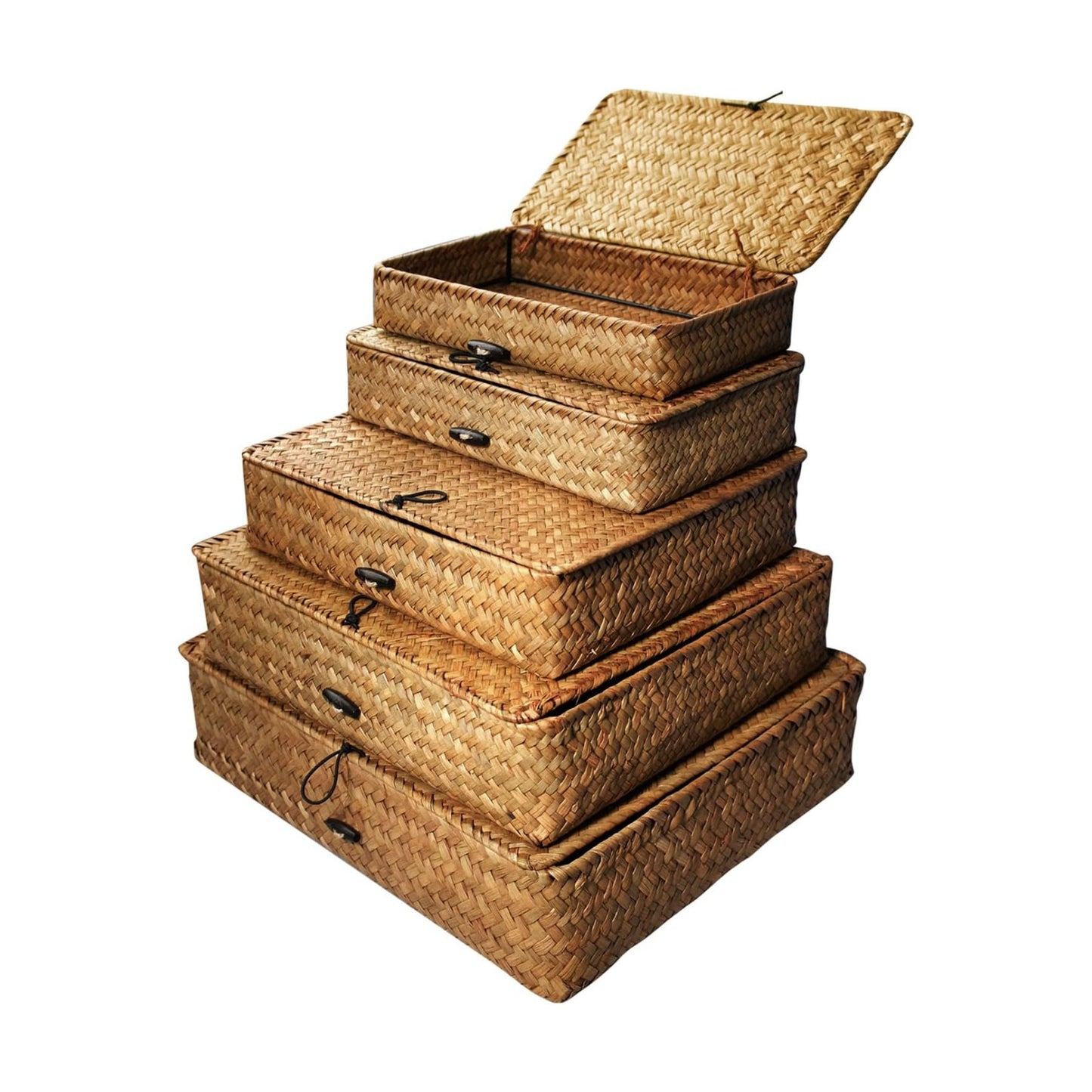 Seagrass Basket / Lids Woven Organizer / Brown / Set of 5