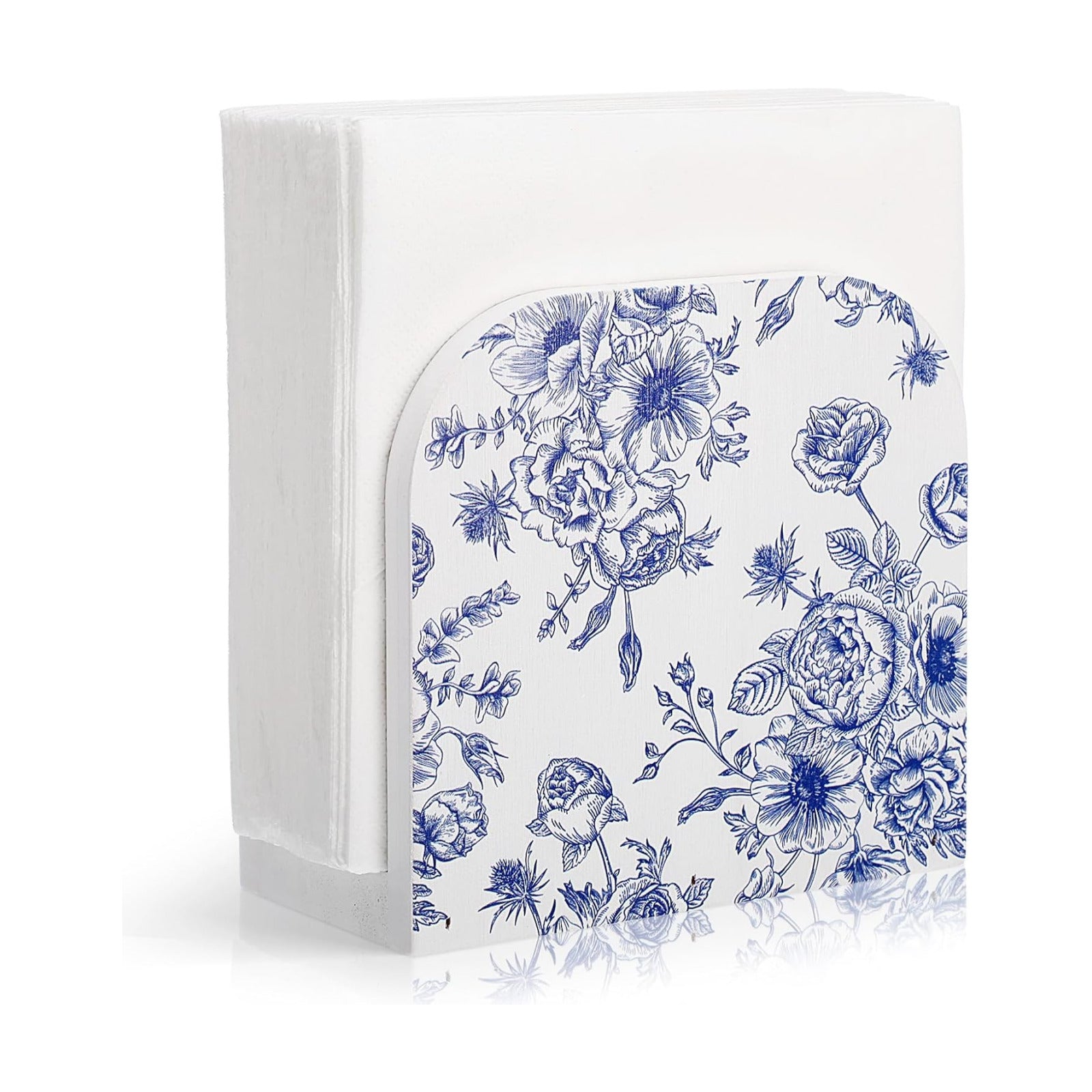 Wood Napkin Holder and White Chinoiserie Wooden Standing Dispenser Napkin Holder / Porcelain / Blue