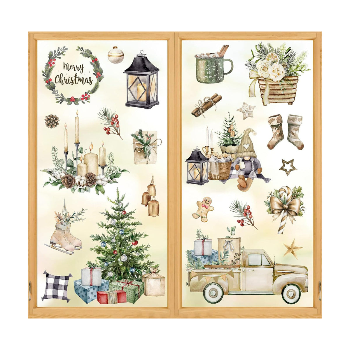 Whaline Christmas Window Clings Brown Vintage Xmas Tree Truck Window Stickers Double-Side Glass Decals for Home Party Supplies, 7.9 x 11.8 Inch, 9 Sheets