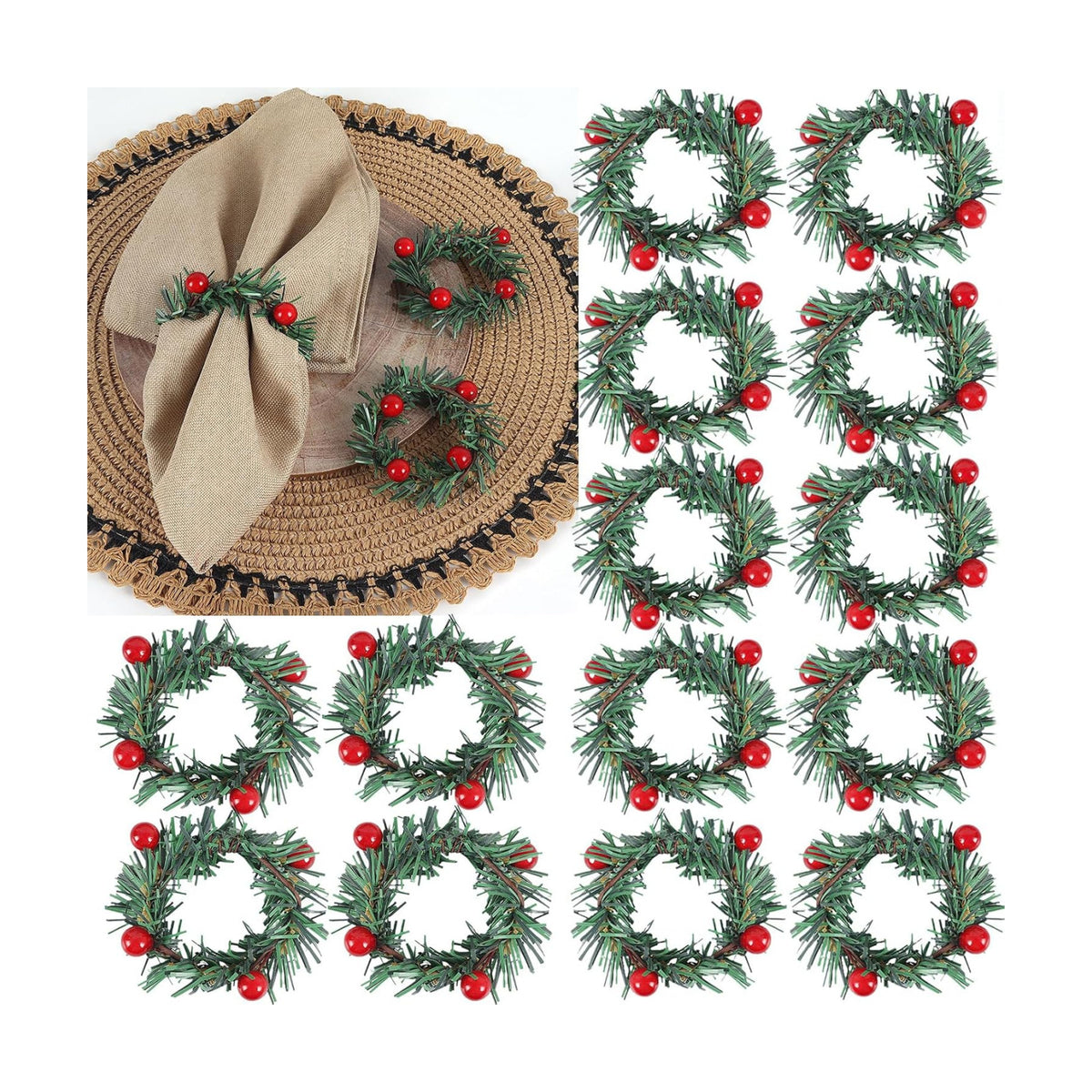 15 Pcs Christmas Napkin Rings Holly Berry Napkin Buckle Needles Wreath Pines Red Berries Candle Ring Wreath Holder for Xmas Birthday Wedding Thanksgiving Party Banquet Table Decorations