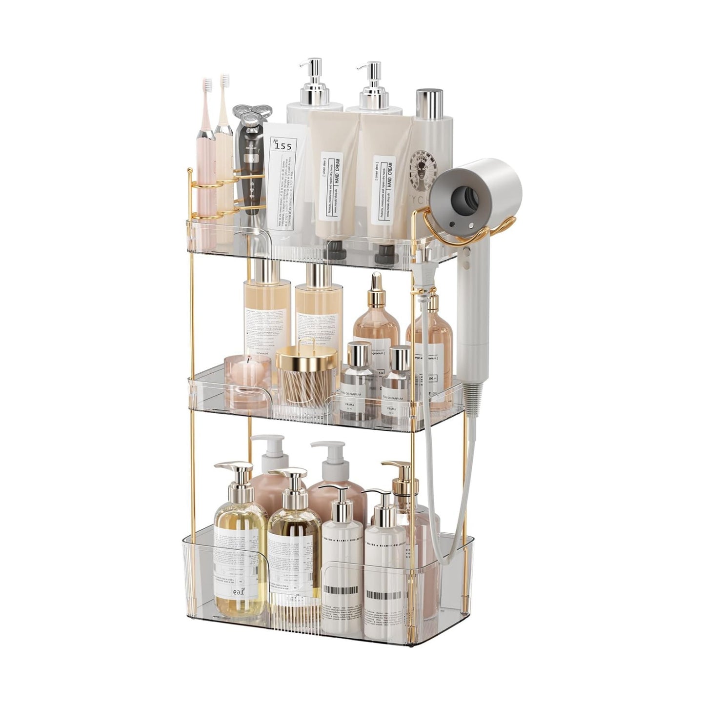 Akinbas 3 Tier Bathroom Organizer Countertop Makeup Perfume Tray Skincare Organizer Comes with Hair Dryer Rack and