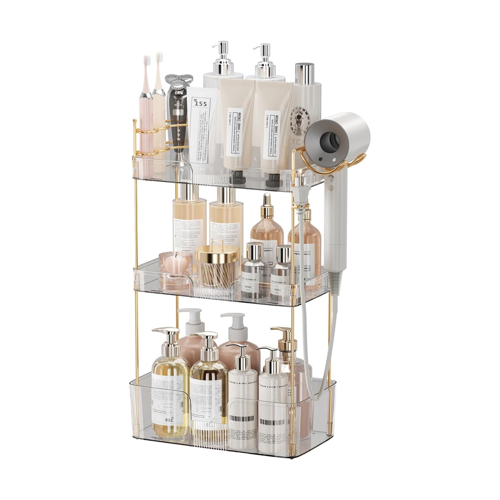 Akinbas 3 Tier Bathroom Organizer Countertop Makeup Perfume Tray Skincare Organizer Comes with Hair Dryer Rack and