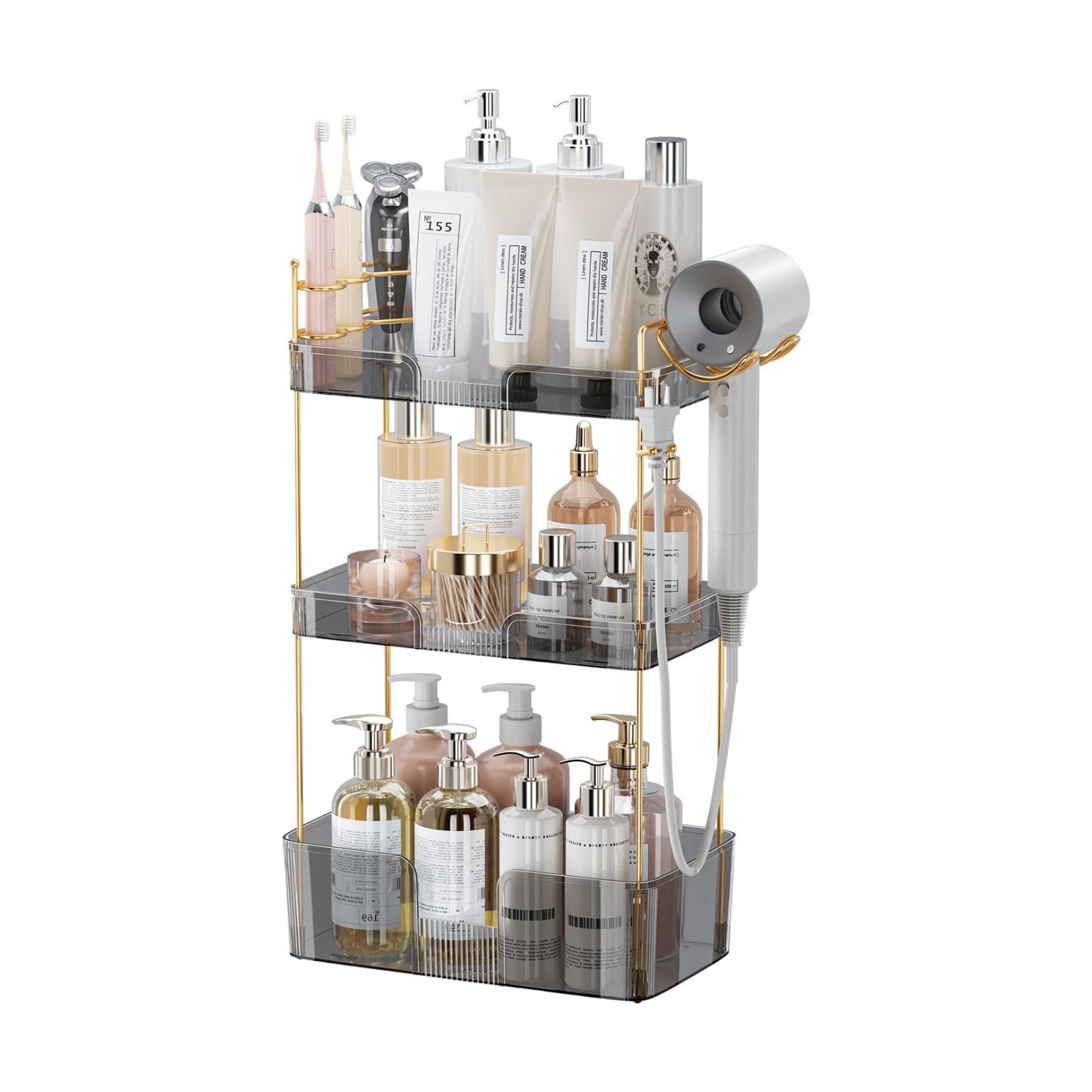 Akinbas 3 Tier Bathroom Organizer Countertop Makeup Perfume Tray Skincare Organizer Comes with Hair Dryer Rack and