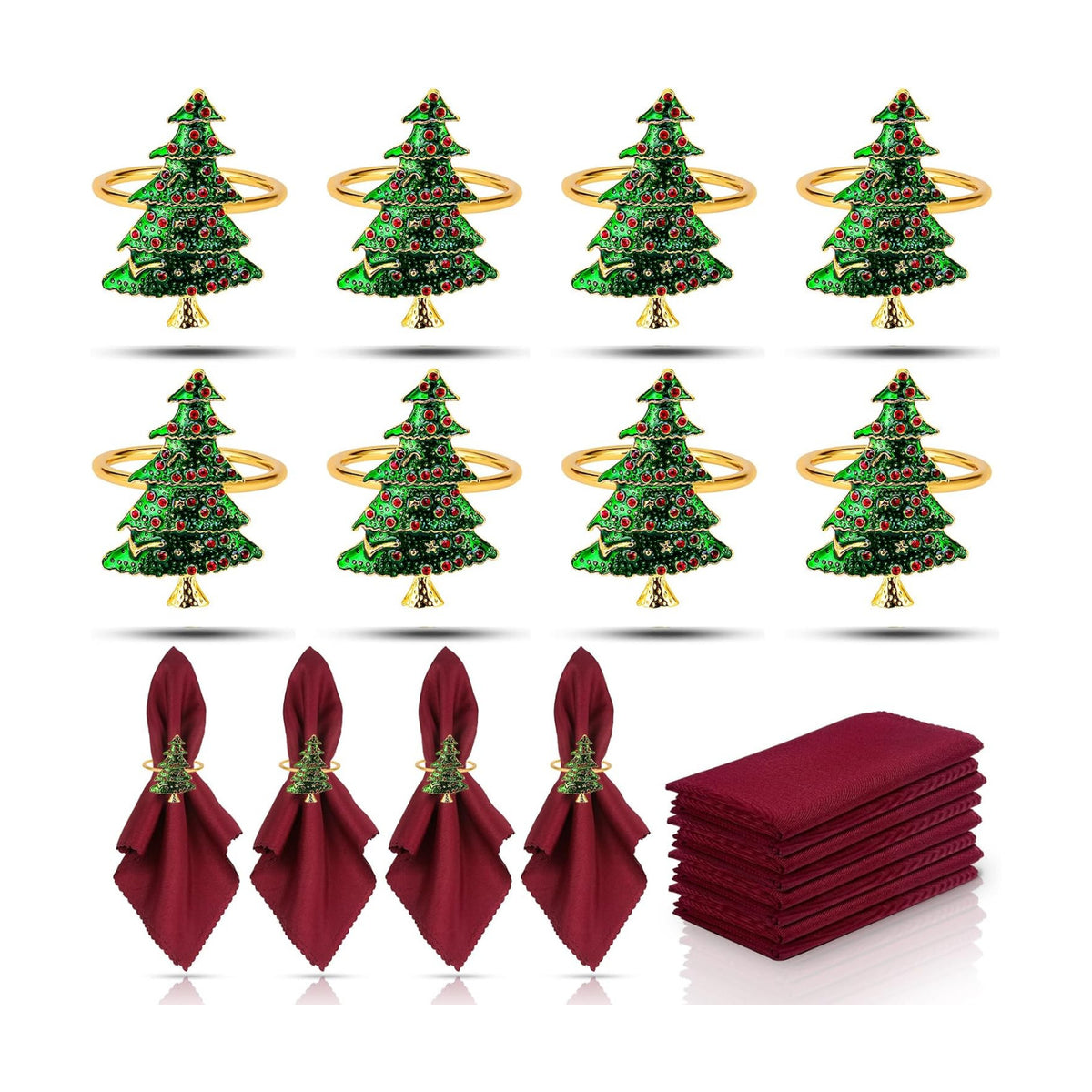 KPOSIYA Christmas Tree Napkin Rings Set of 8 with Red Napkin Cloth