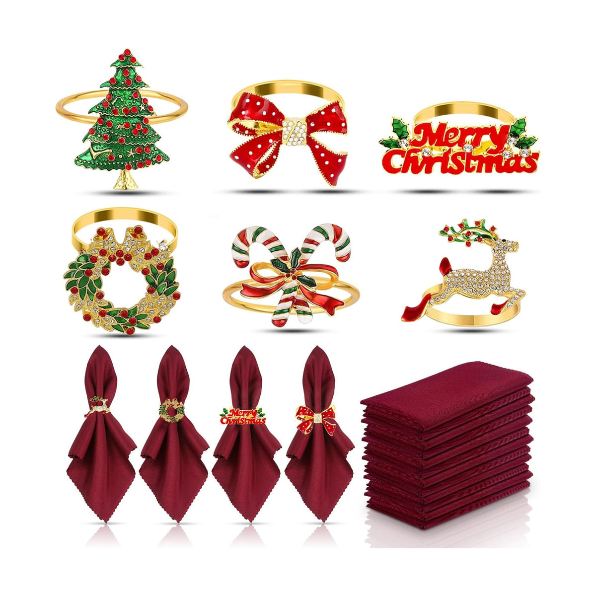 KPOSIYA Christmas Napkin Rings Set of 6 with 6 Cloth Napkin, Gold