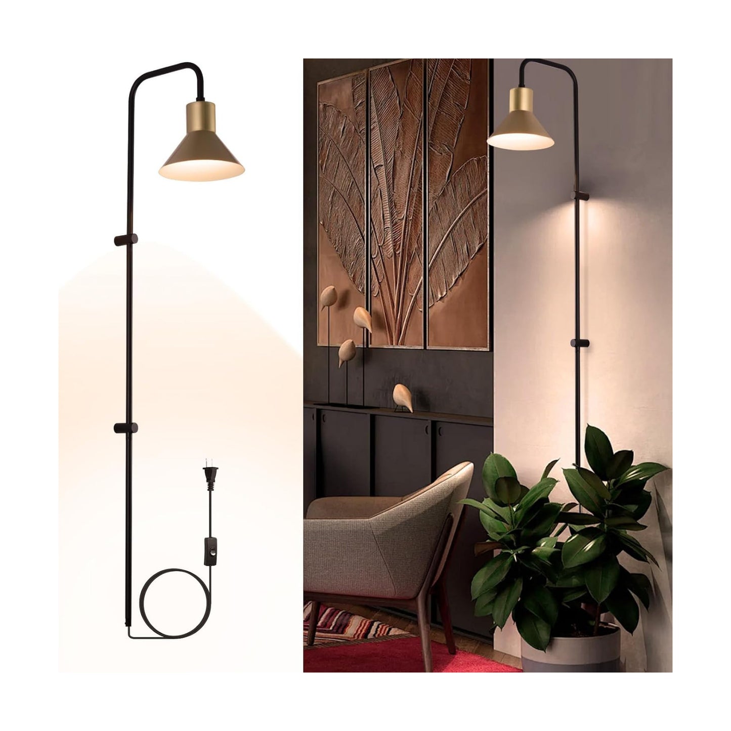 Plug in Wall Sconce with Switch, Indoor Horn Cover Wall Mounted Lamp with E26 Base, Long Wall Light for Bedroom Living