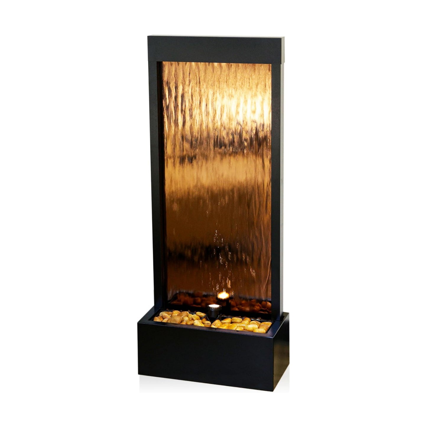 Alpine Corporation 48" Tall Indoor Modern Wall Mounted Zen Mirror Waterfall Floor Fountain with Stones and LED Lights