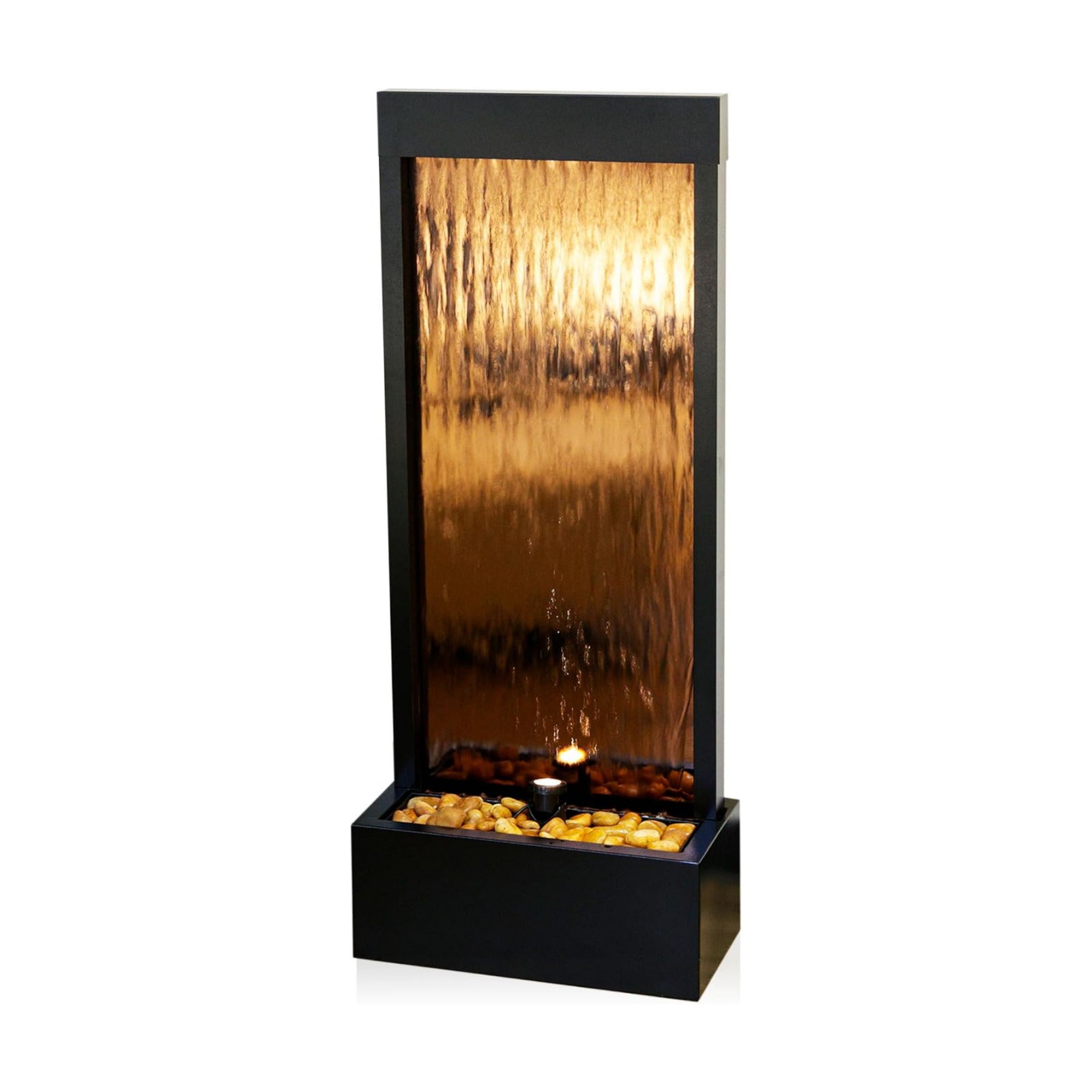 Alpine Corporation 48" Tall Indoor Modern Wall Mounted Zen Mirror Waterfall Floor Fountain with Stones and LED Lights