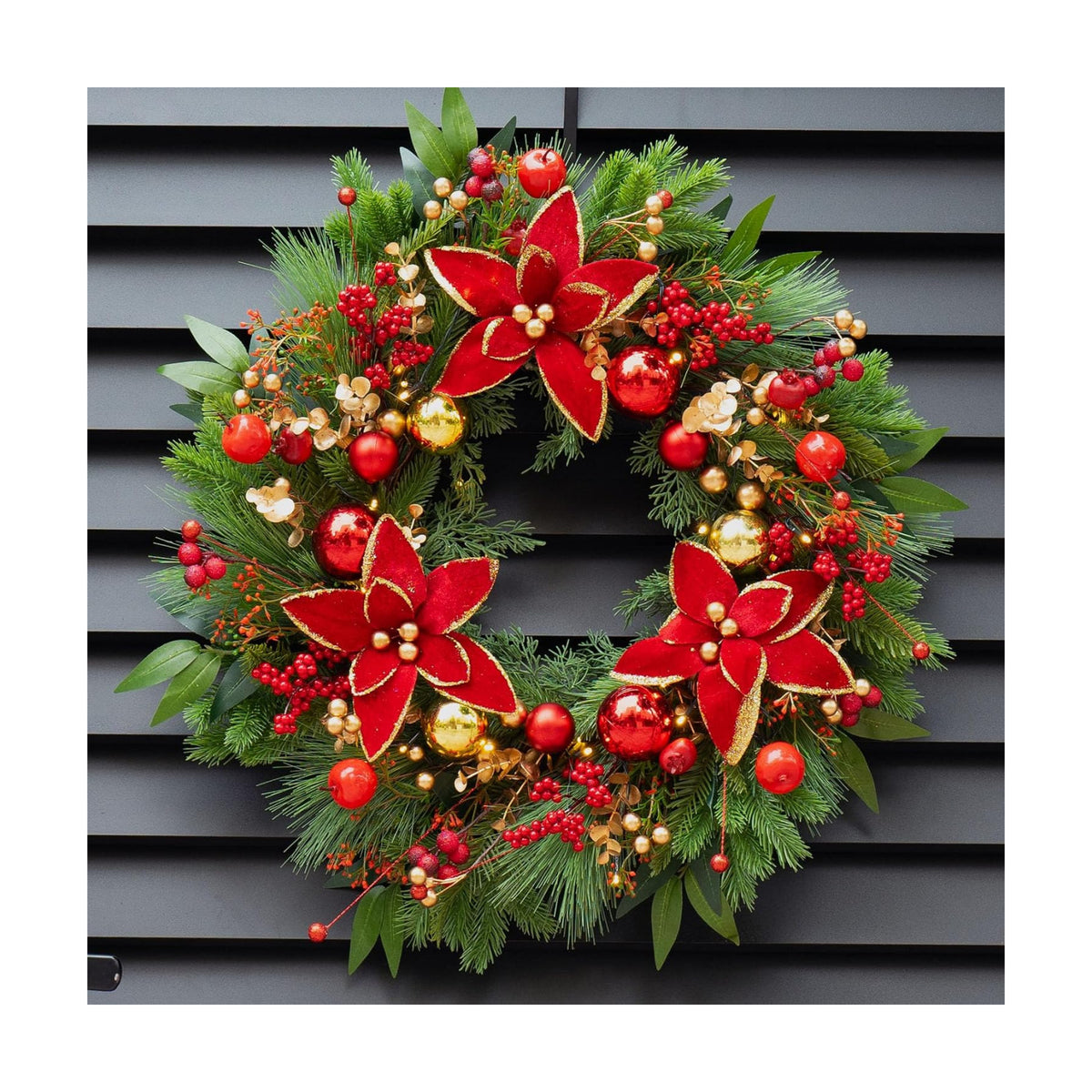 Christmas Wreaths for Front Door- 24 Inch Outdoor Prelit Christmas Door Wreath with Lights, Lighted Xmas Wreath with Poinsettia Flowers,Red Berries,Golden Ball- Home Christmas Decorations