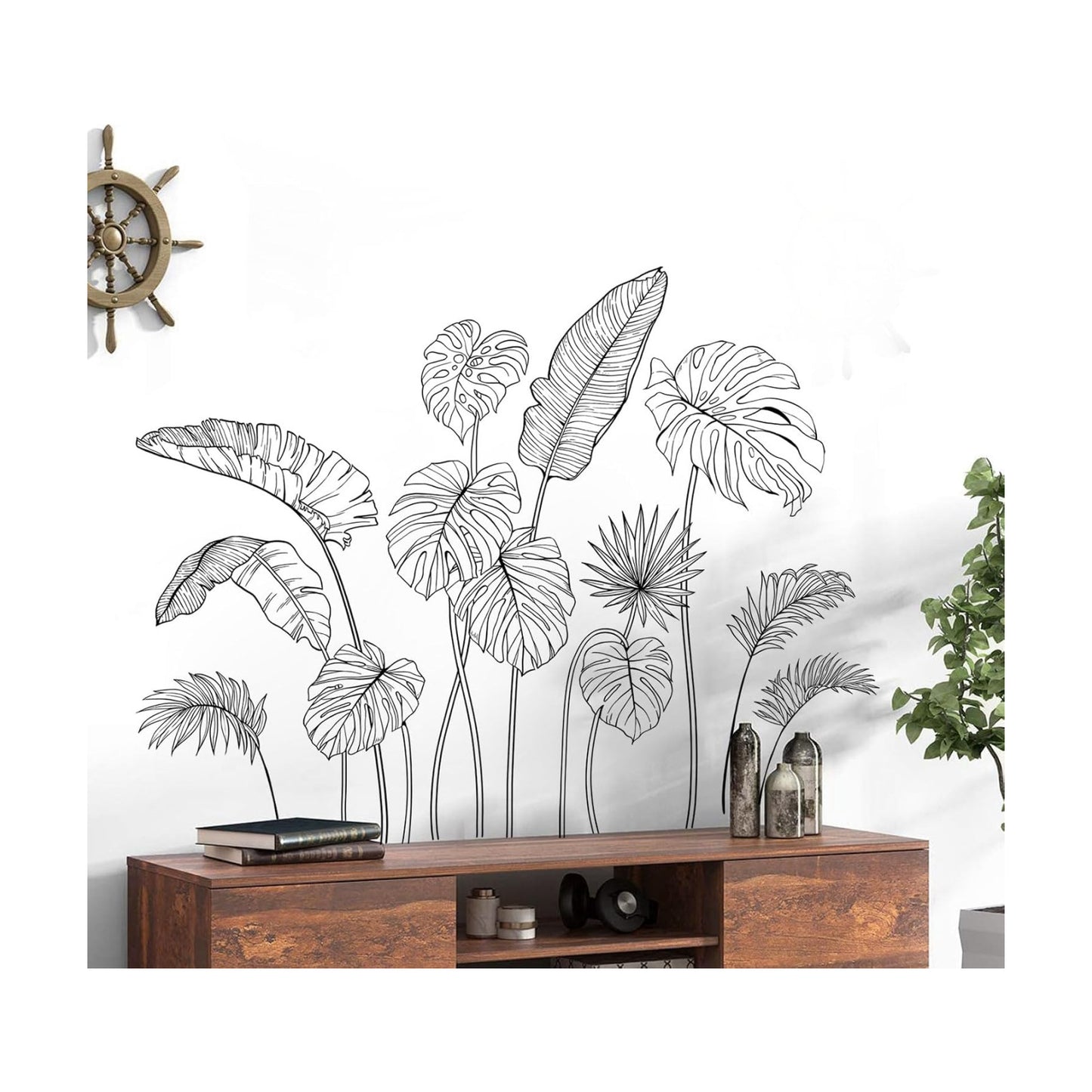 White Tropical Plants Wall Decals Sketch Palm Leaves Wall Stickers Simple Line Monstera Leaf / Black
