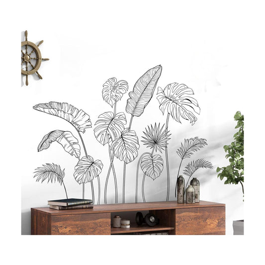 White Tropical Plants Wall Decals Sketch Palm Leaves Wall Stickers Simple Line Monstera Leaf / Black