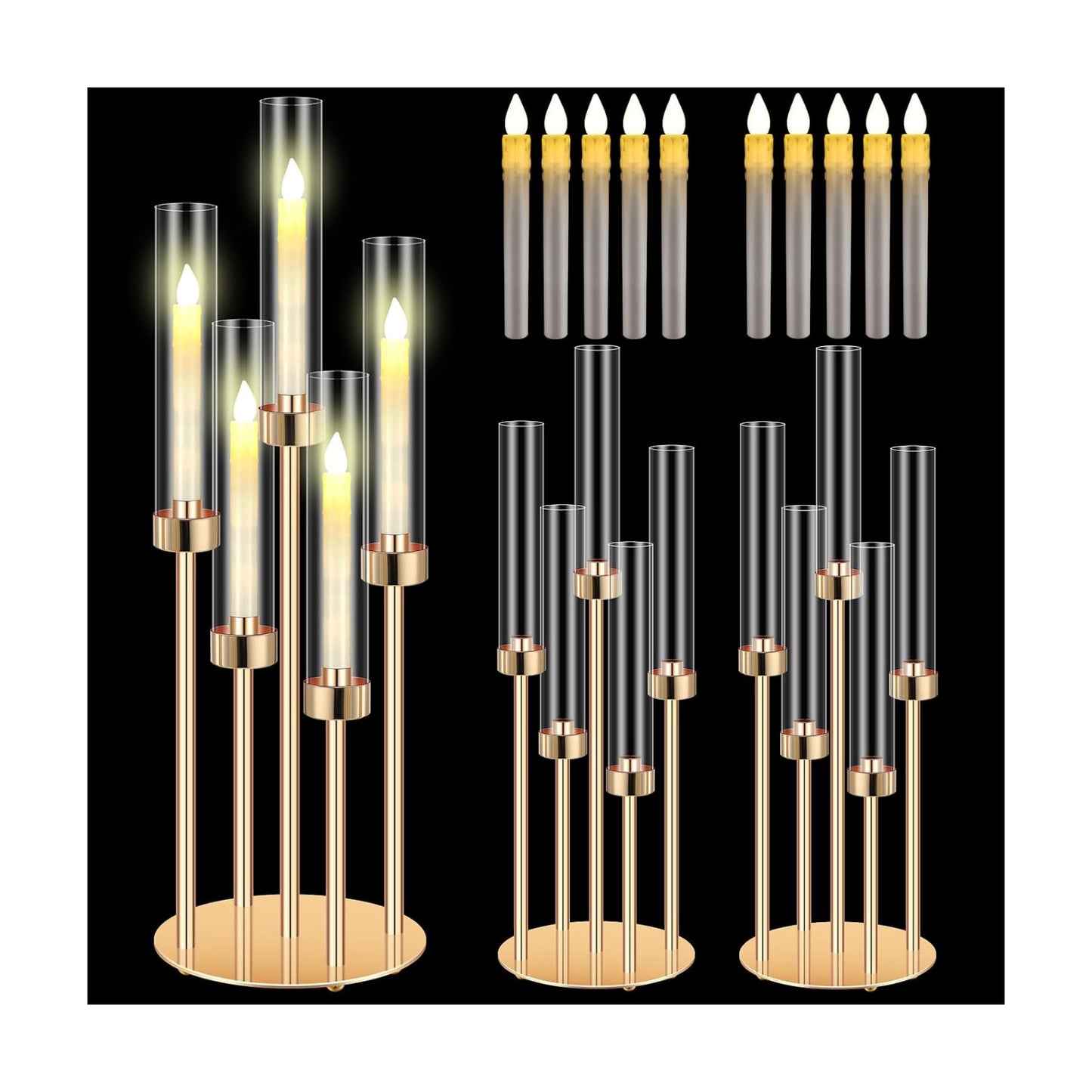 Tandefio 2 Set Gold Candelabra Centerpieces, 26.8" 5 Arm with LED Candles | Candelabra Centerpieces for Wedding Table