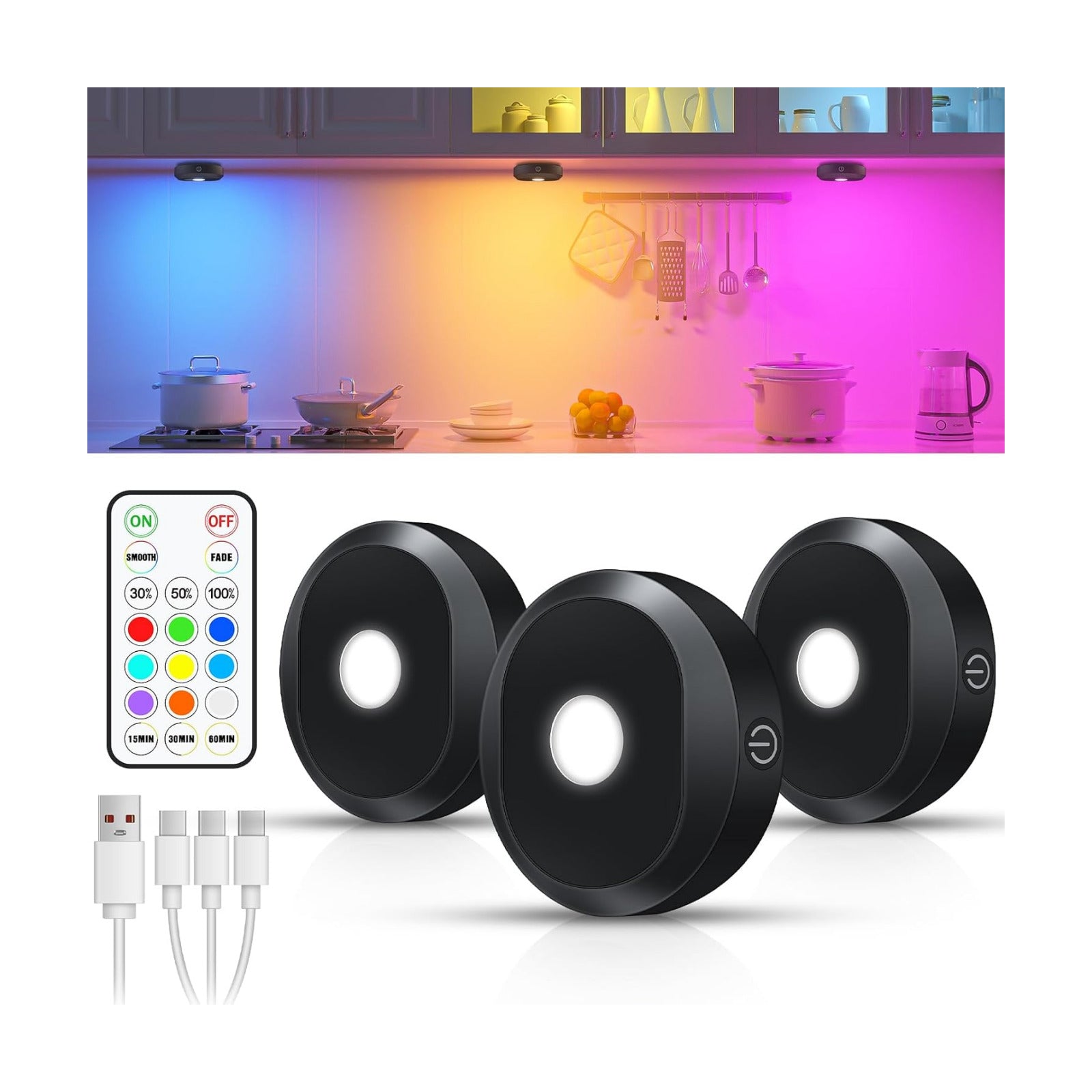 WILLED RGB Under Cabinet Lights,Rechargeable Puck Lights with Remote Control, Wireless Push Light with Timer