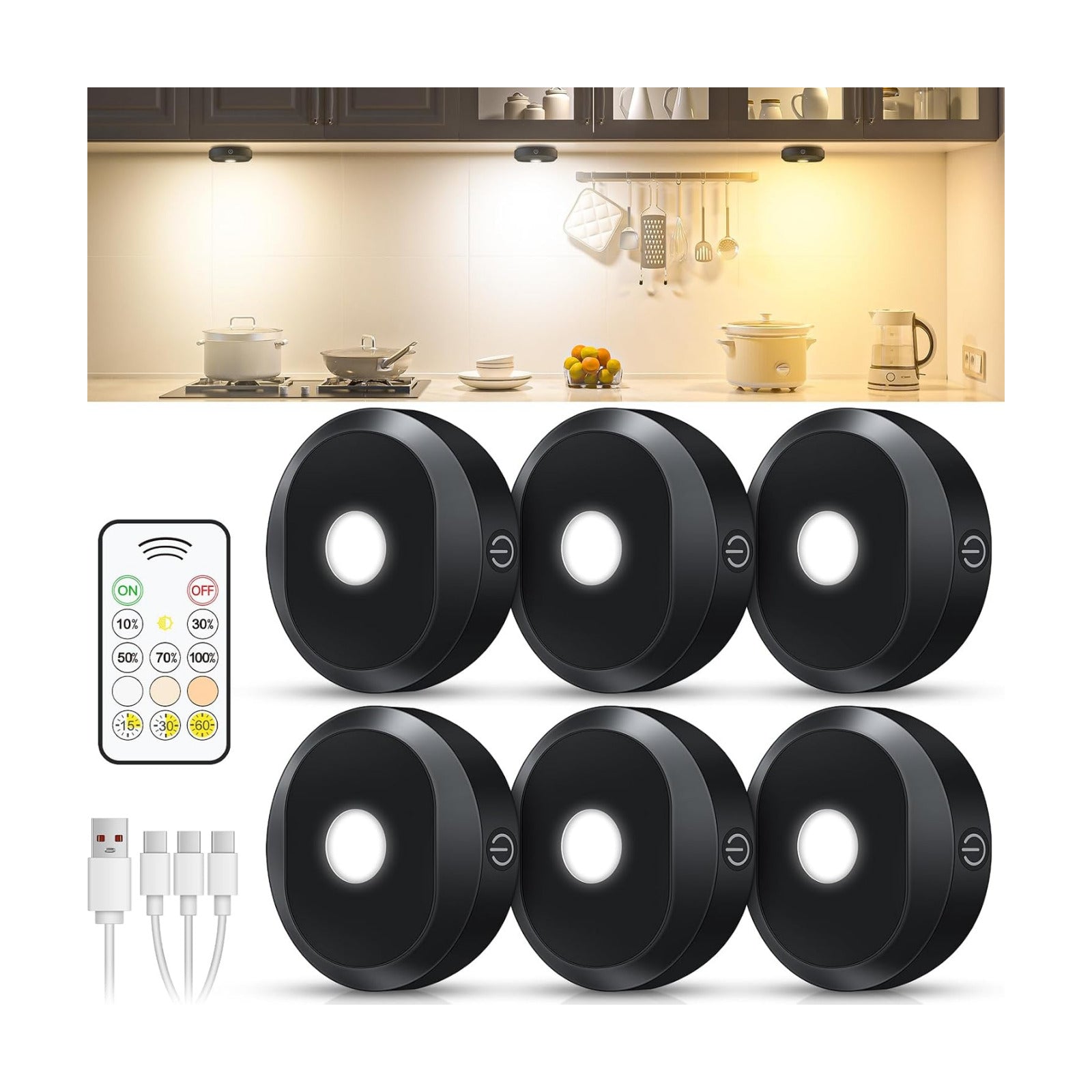 WILLED Under Cabinet Lighting Wireless,Rechargeable Puck Lights with Remote Control,Battery Tap Light Stick On,3 Colors