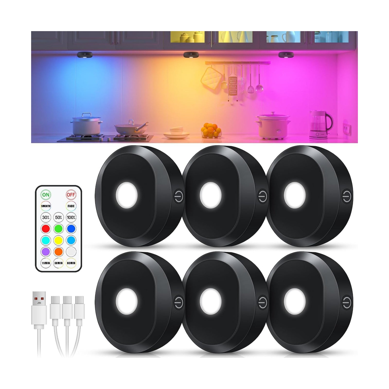 WILLED Under Cabinet Lighting Wireless,RGB Rechargeable Puck Lights with Remote Control,Battery Touch Tap Light with