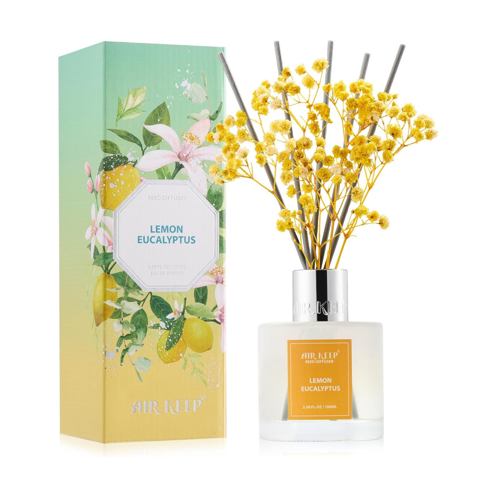 Airkeep Reed Diffuser Set,3.38 fl oz (100 ml) - Lemon Eucalyptus Oil Diffusers with 8 Reed Sticks, Home Fragrance Reed