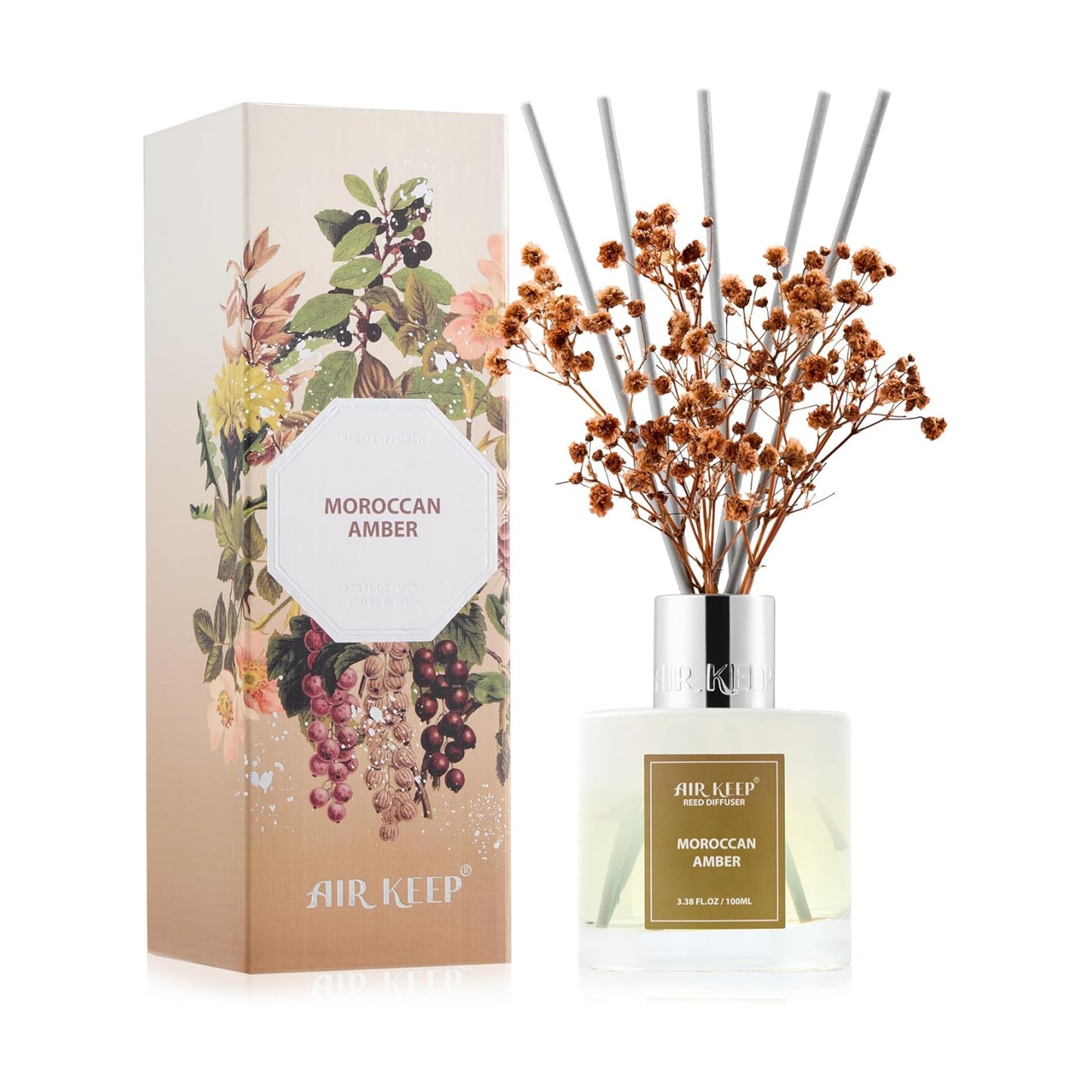 Airkeep Reed Diffuser Set,3.38 fl oz (100 ml) - Moroccan Amber Oil Diffusers with 8 Reed Sticks, Home Fragrance Reed
