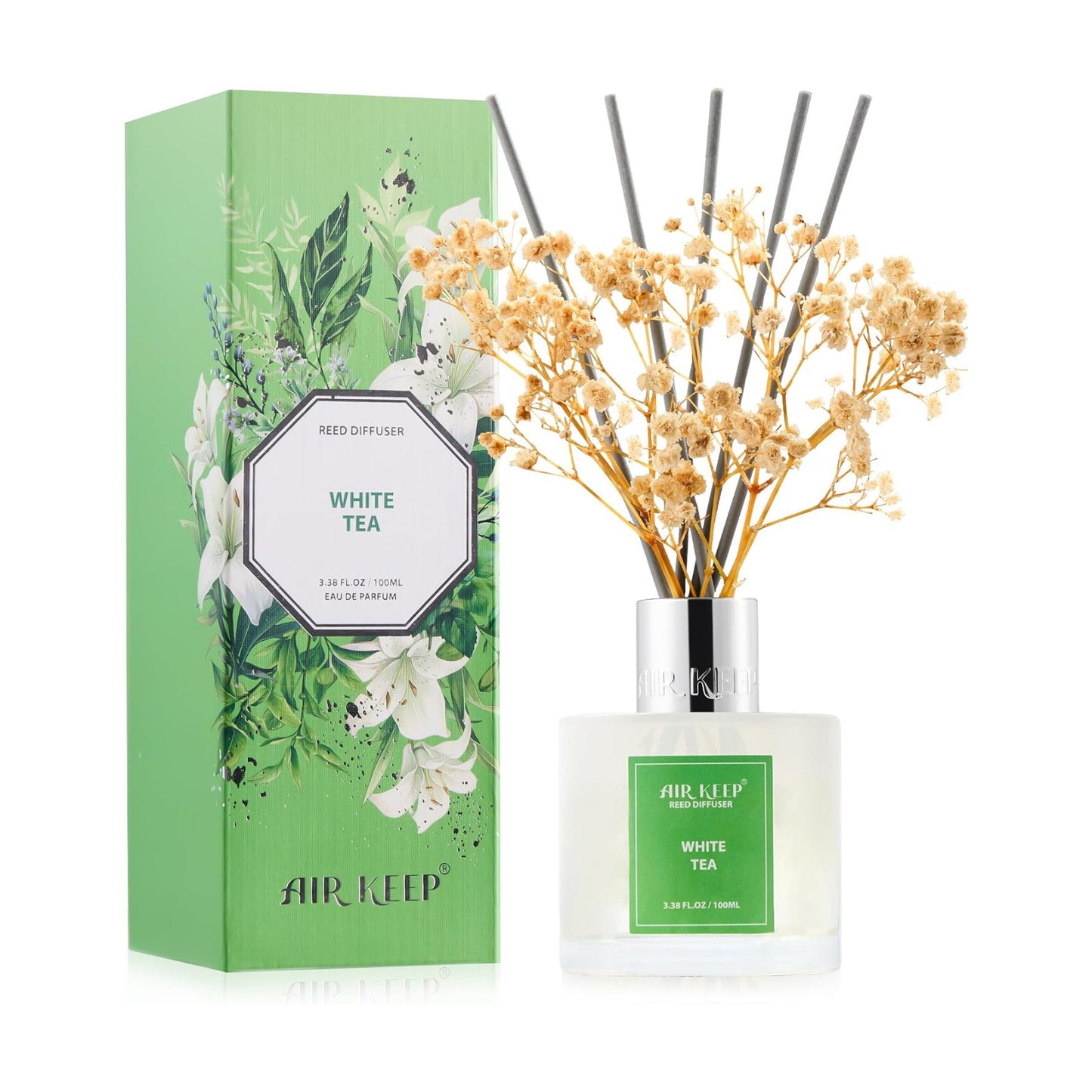 Airkeep Reed Diffuser Set,3.38 fl oz (100 ml) - White Tea Oil Diffusers with 8 Reed Sticks, Home Fragrance Reed