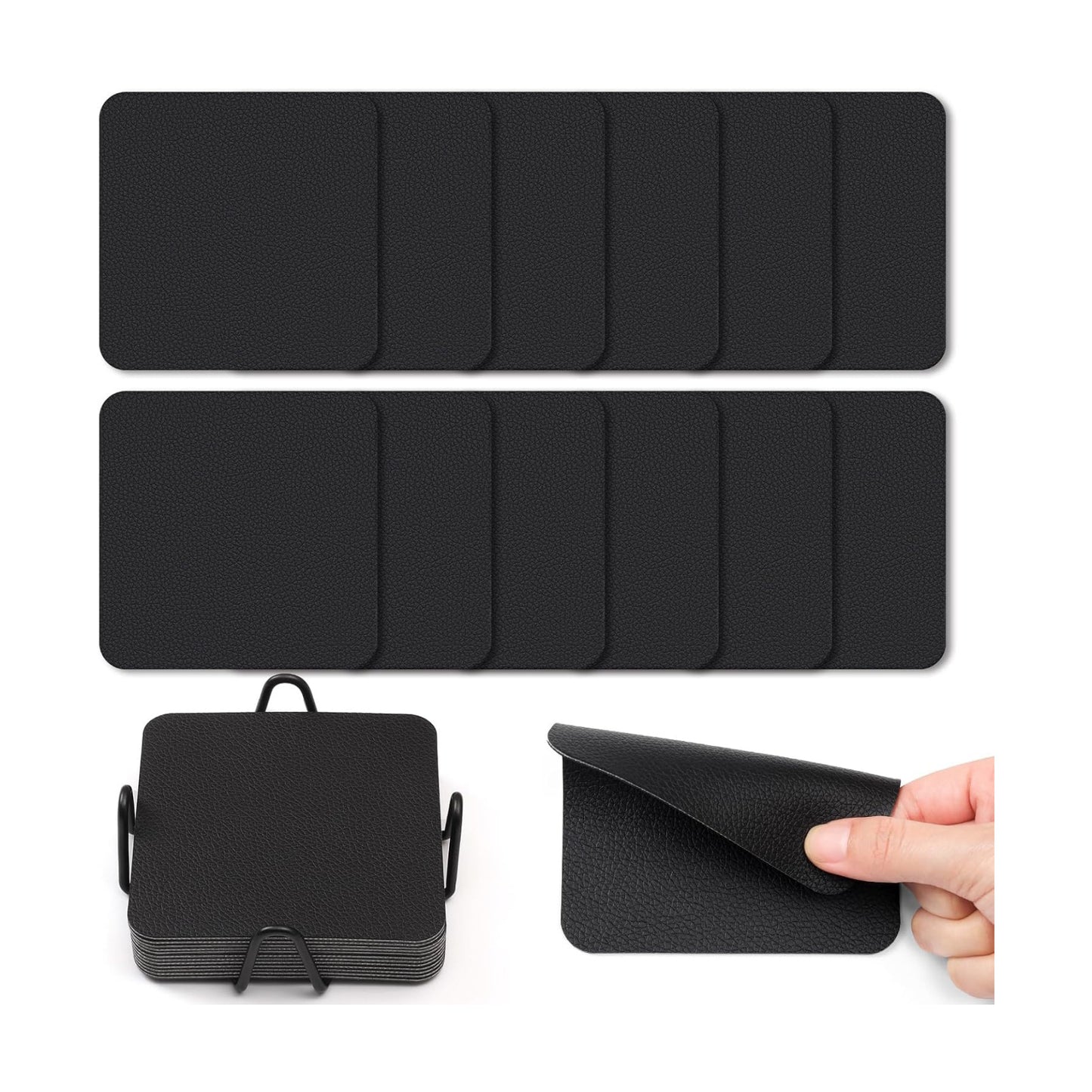 Coasters Glass Coasters Double Sided Faux Leather Coaster Waterproof / Black / 4 Inch / Set of 12