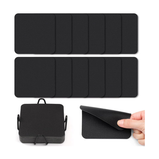 Coasters Glass Coasters Double Sided Faux Leather Coaster Waterproof / Black / 4 Inch / Set of 12