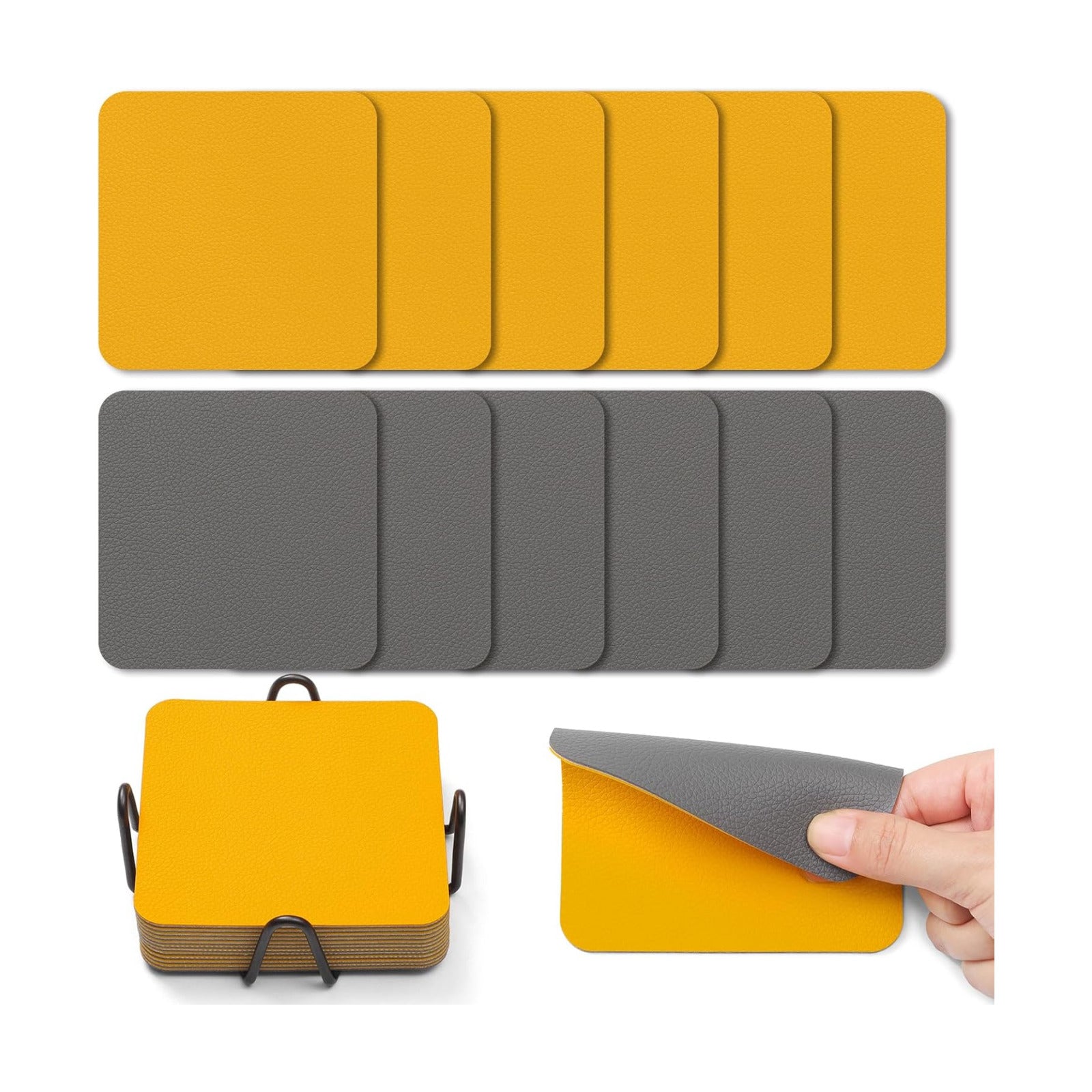 Coasters Glass Coasters Double Sided Faux Leather Coaster / Gray Yellow / 4 Inch / Set of 12